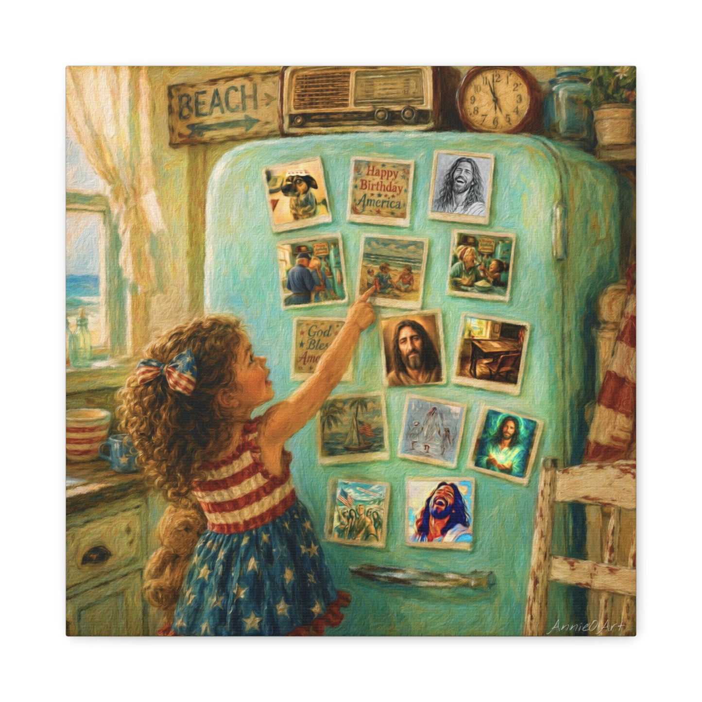 Americana Canvas Wall Art — Little Girl Pointing at Magnets on Vintage Fridge (Matte Stretched)