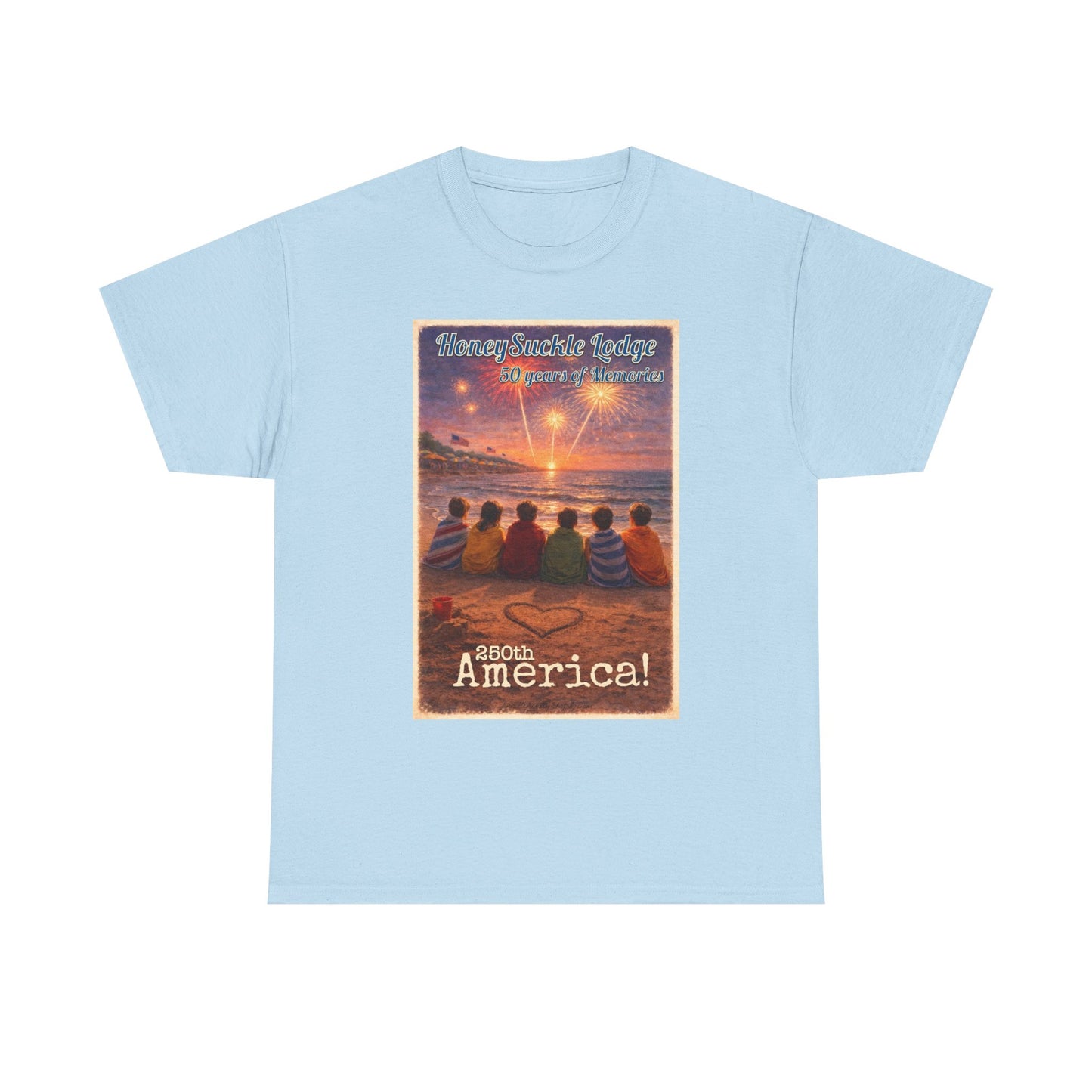 HoneySuckle Lodge 50th—Patriotic Sunset Beach T‑Shirt – 'God Bless America' Vintage Kids Watching Fireworks