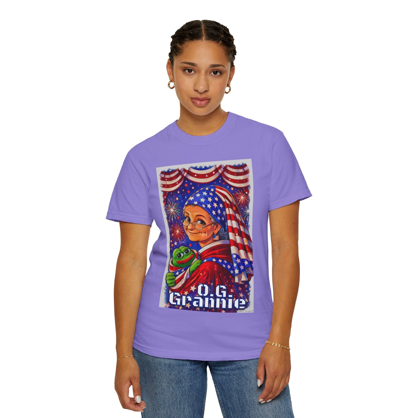 Grandmas Patriotic Original Gansta “OG Grannie” T-Shirt — American Flag Grandma w baby Pepe Graphic Tee