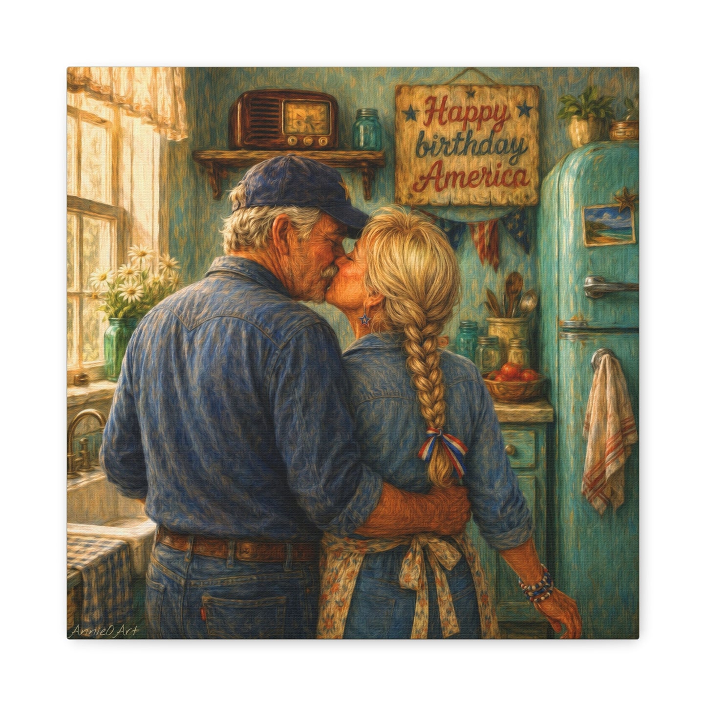 Patriotic Kitchen Romance Canvas Wall Art — "Happy Birthday America" Stretched Matte Print