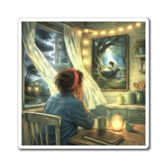 Dreamy Night Window Magnet — Reflective Girl with Yeshua Painting