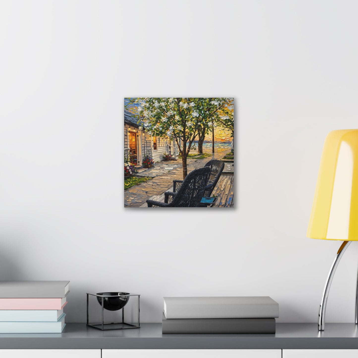Bungalow Porch Canvas Wall Art — Sunny Cottage Sunset Stretched Canvas