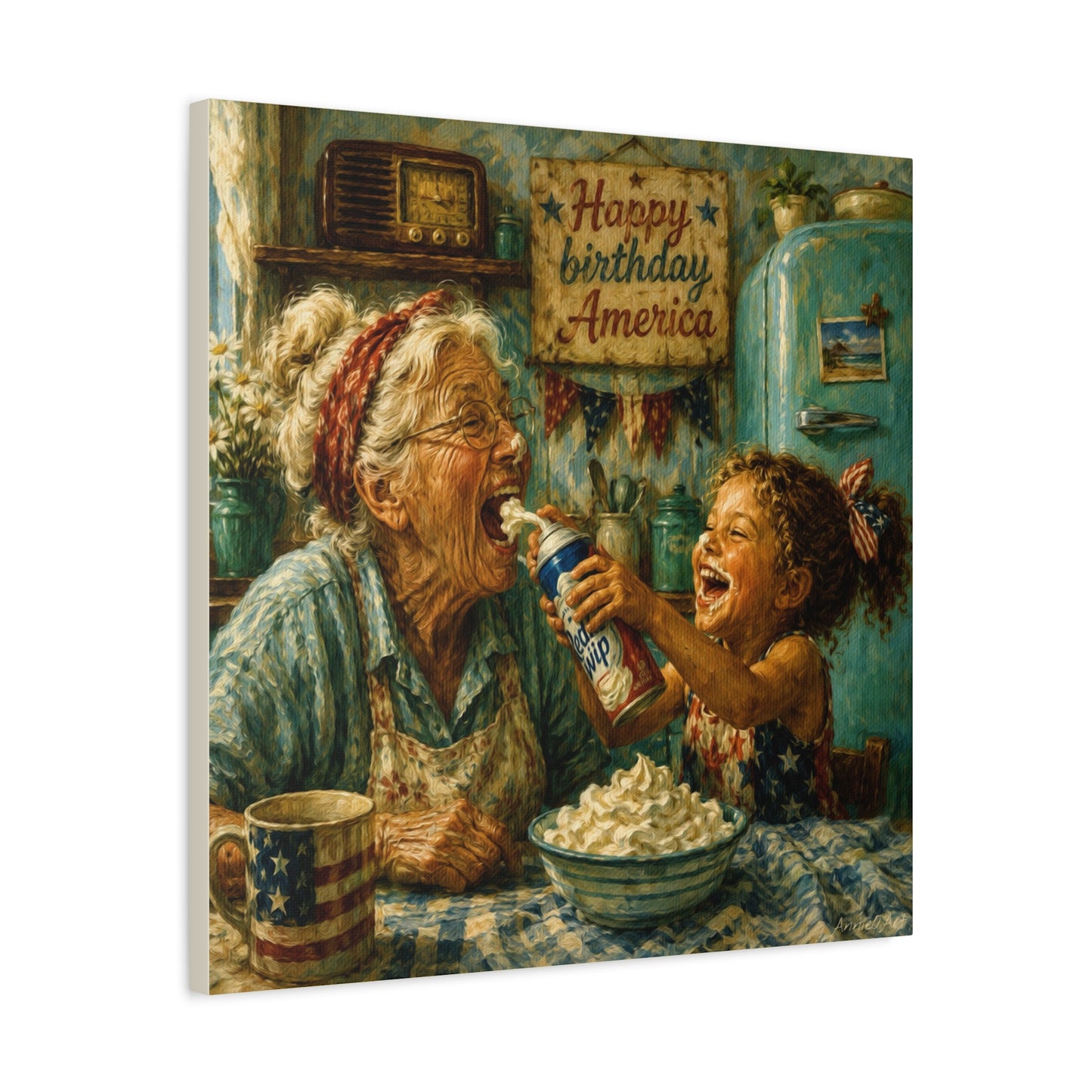 Happy Birthday America Canvas — Patriotic Grandma & Granddaughter Kitchen Wall Art