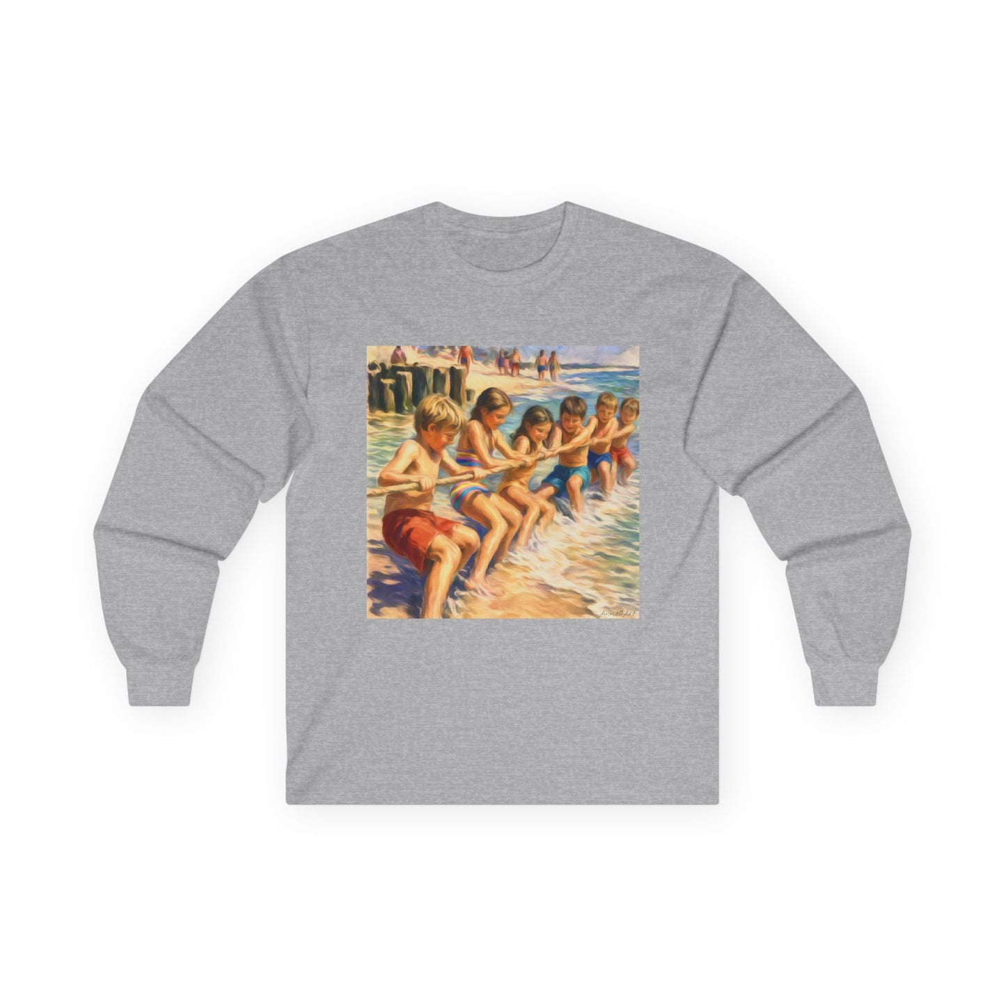 Long Sleeve Tee Front & Back Design — Vintage Americana Beach Scene & “Happy Birthday America”