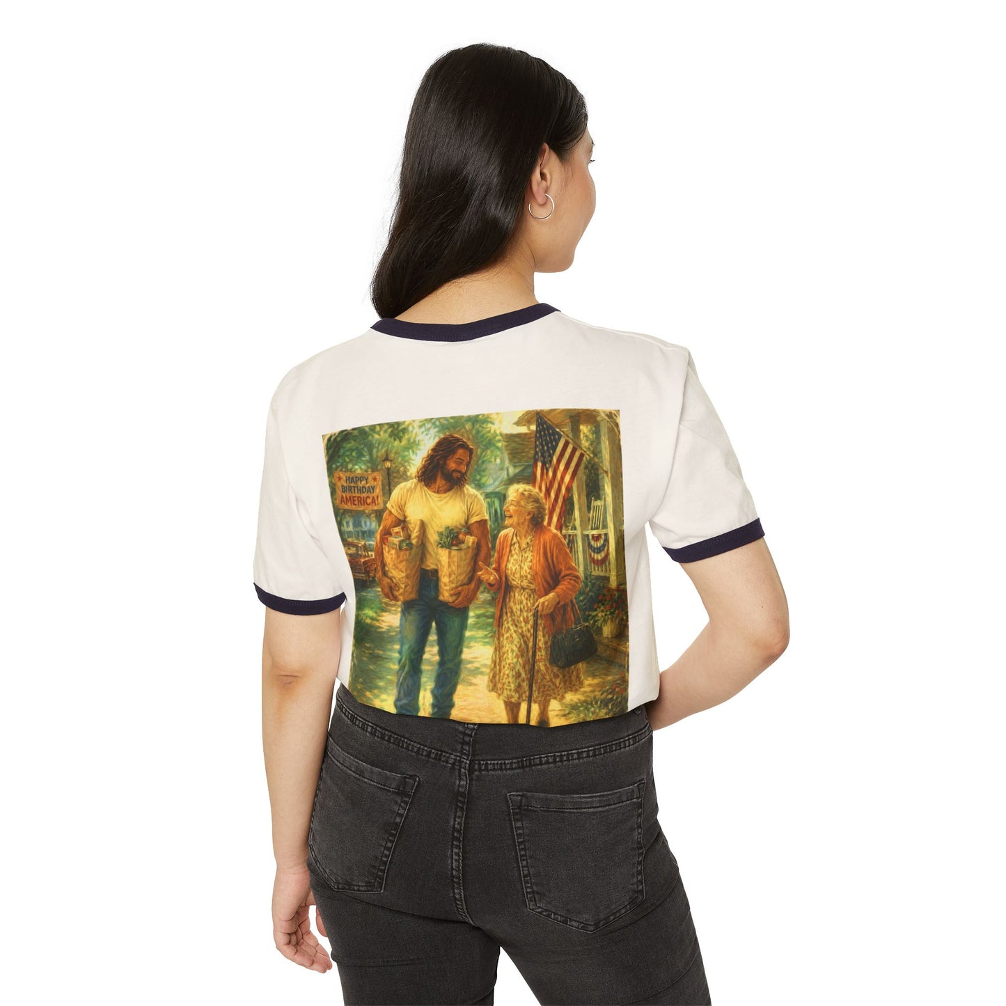 250th Happy Birthday America —Front & Back Design —Americana Ringer Tee— Patriotic Vintage Americana T‑Shirt
