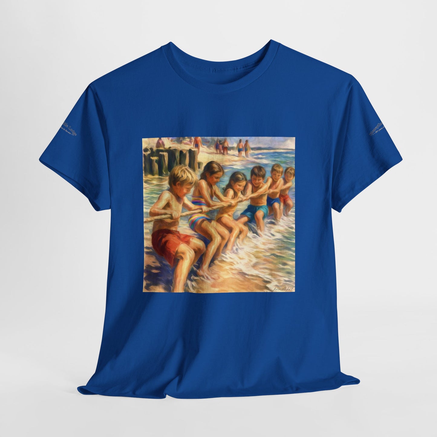 Honeysuckle Lodge Vintage Beach Print tee shirt front/back ("Honeysuckle Lodge - 50+ years of fun in the sun")