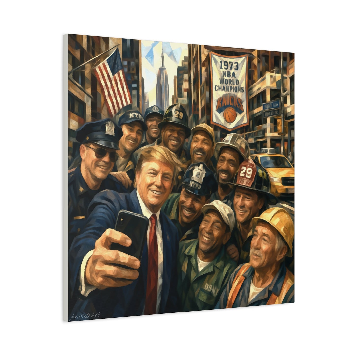 Trump Selfie w/City Workers Canvas Wall Art — Patriotic Urban Selfie Scene