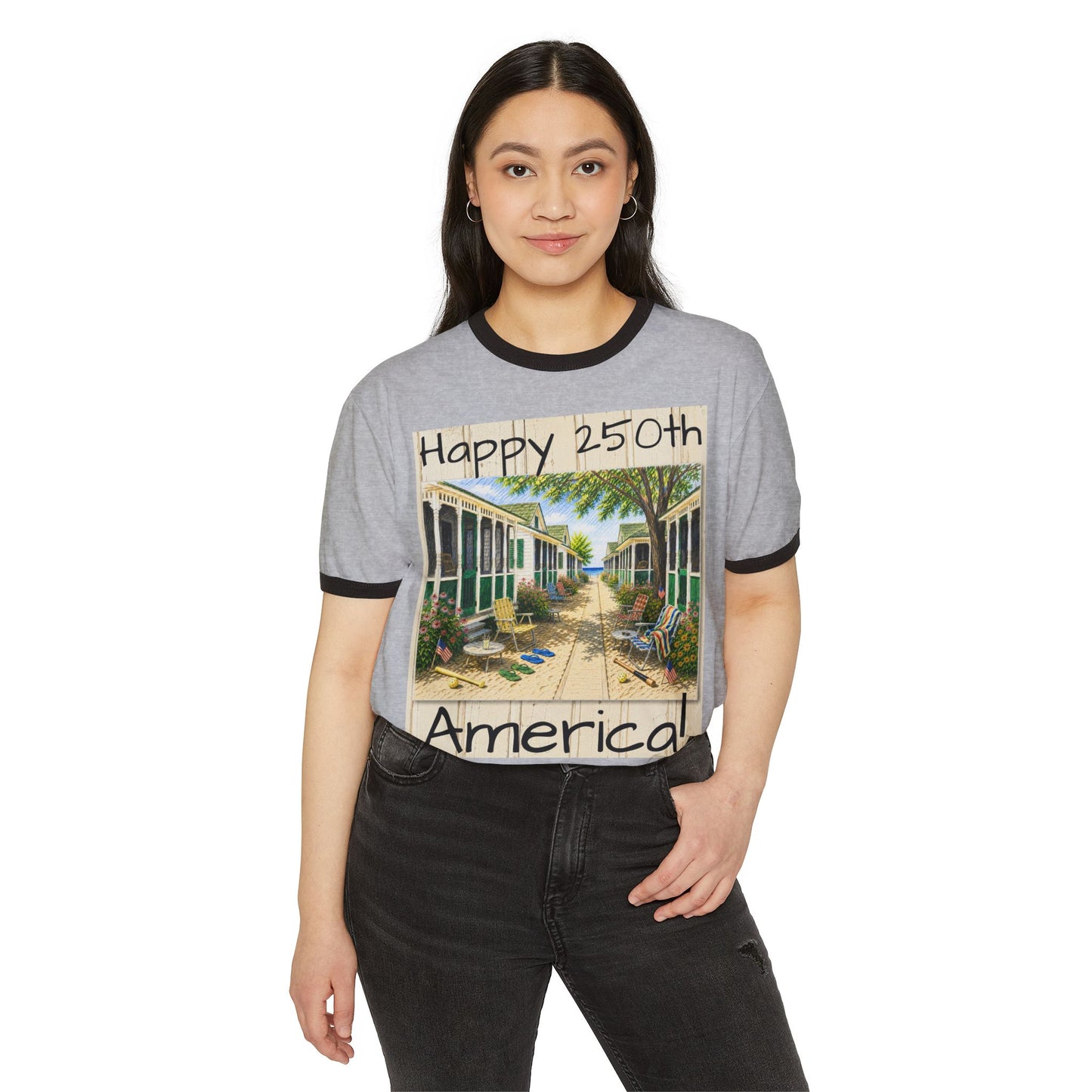 Happy 250th America Ringer T‑Shirt — Honeysuckle Lodge Vintage Beach Graphic