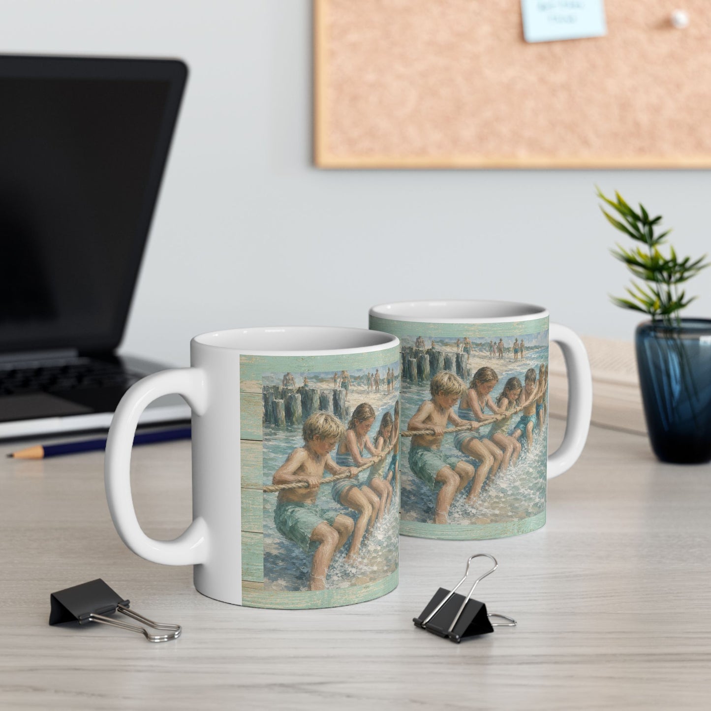 Beach Vintage-style Ceramic Mug – Tug-of-War by the Sea (11oz, 15oz)