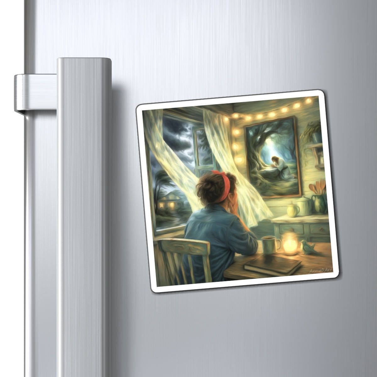 Dreamy Night Window Magnet — Reflective Girl with Yeshua Painting