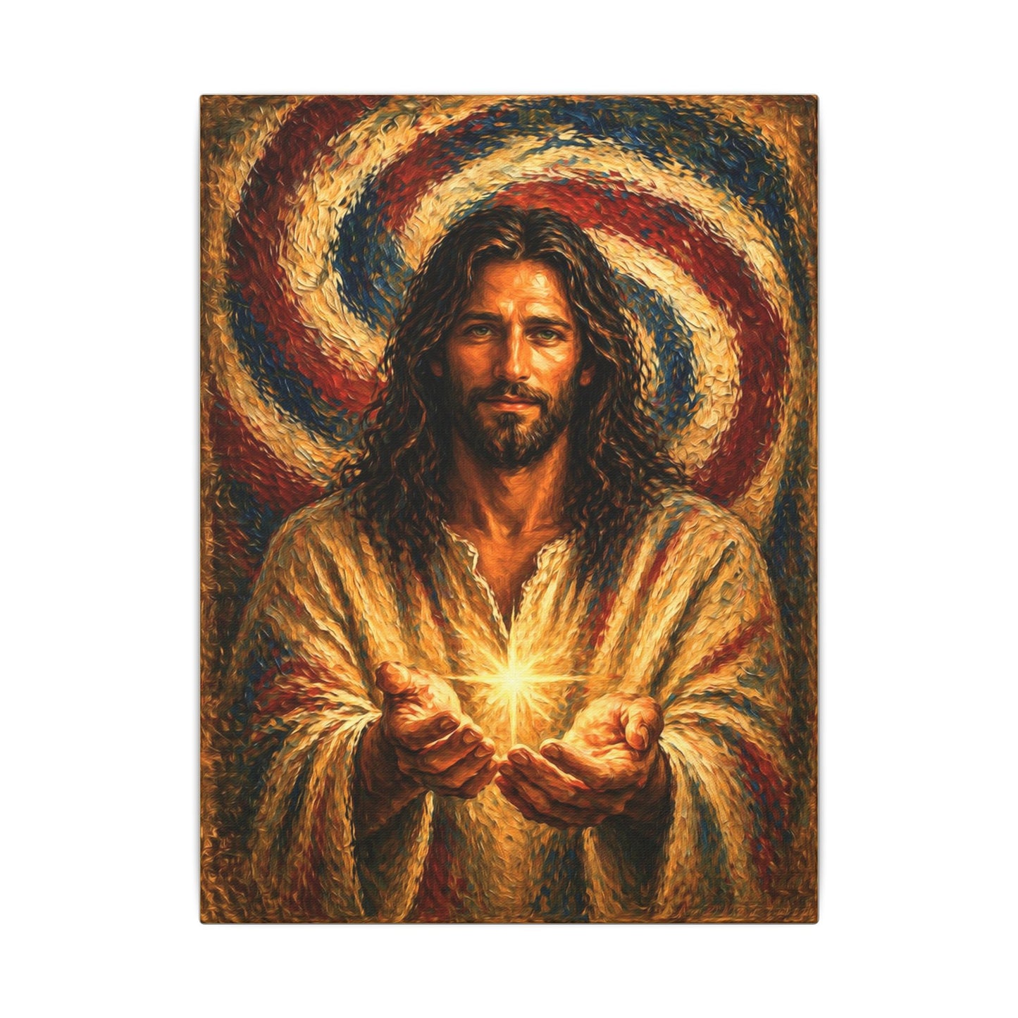 Radiant Jesus Holding Light, Heavy Oil Paint Strokes Look—Matte Stretched Canvas— Canvas Wall Art