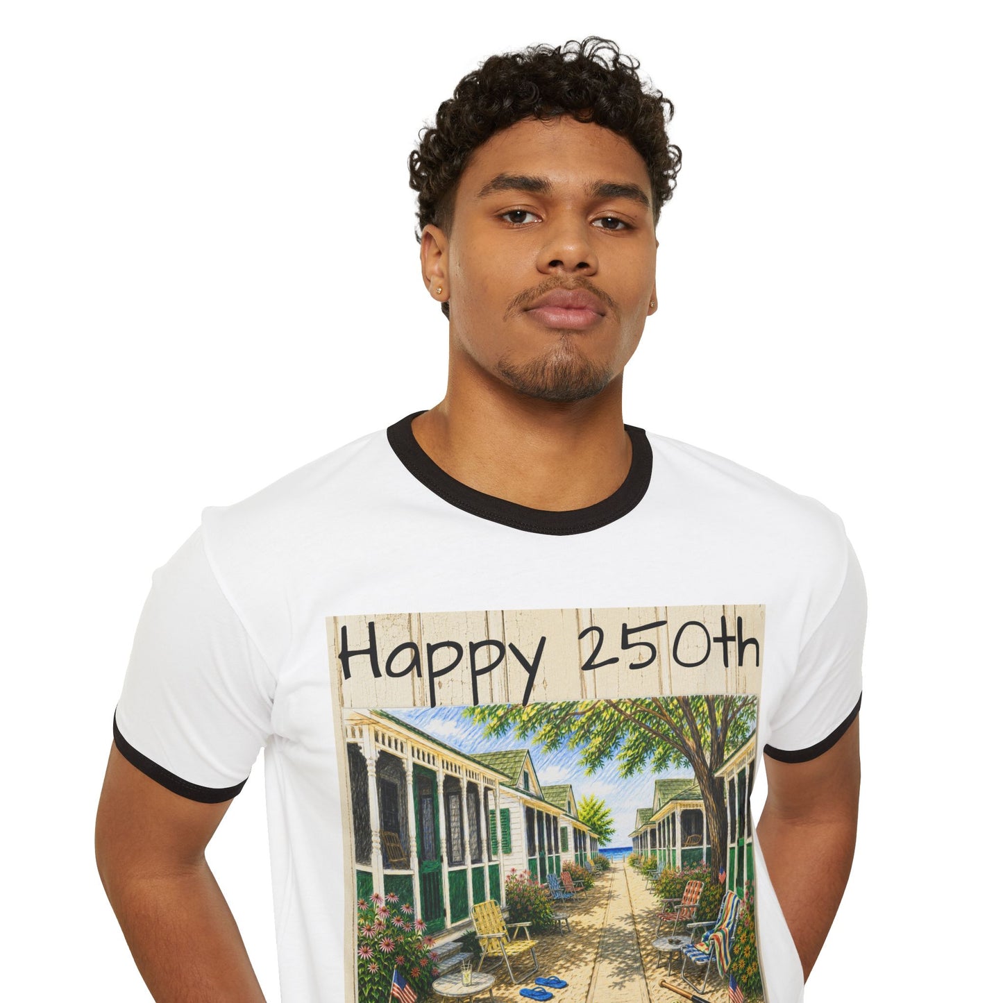 Happy 250th America Ringer T‑Shirt — Honeysuckle Lodge Vintage Beach Graphic