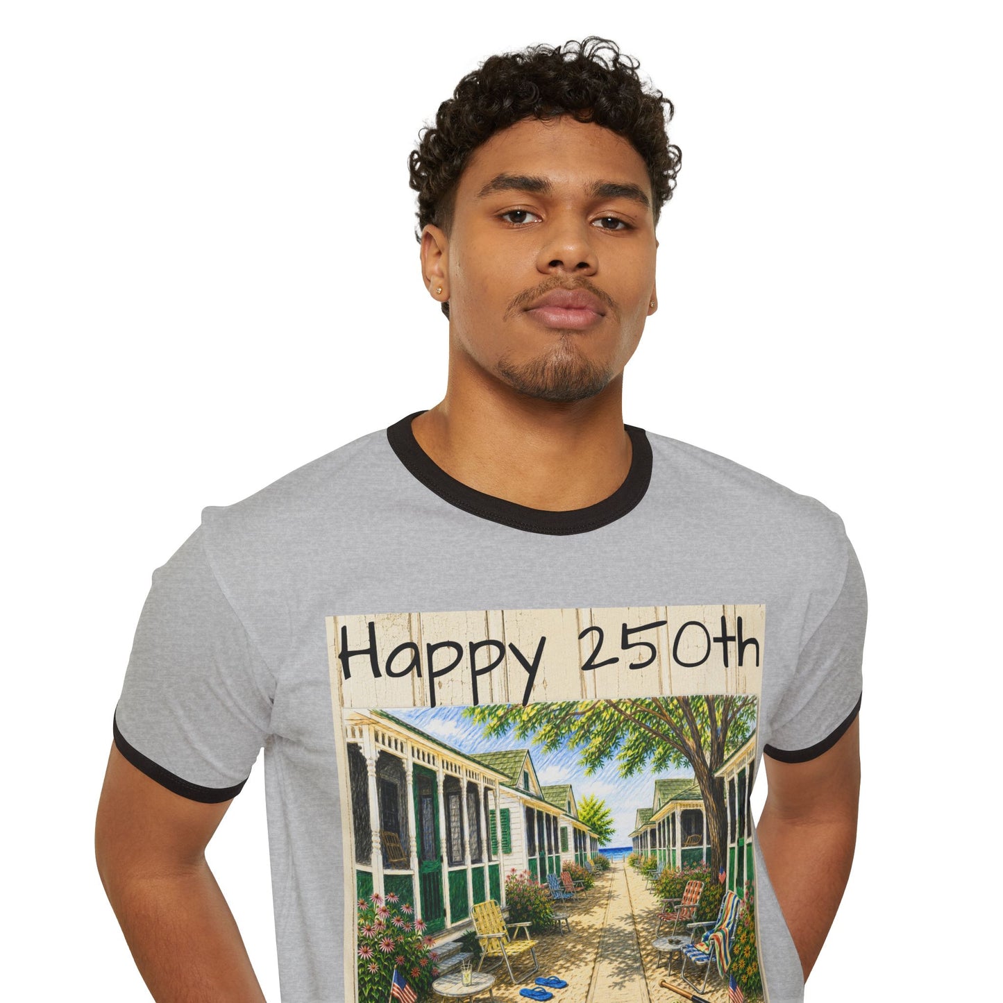 Happy 250th America Ringer T‑Shirt — Honeysuckle Lodge Vintage Beach Graphic