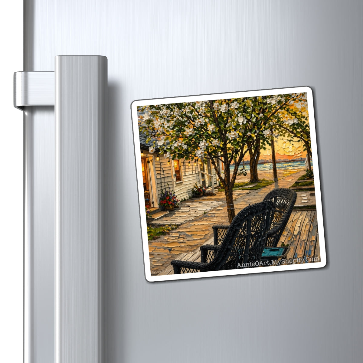 Coastal Porch Sunset Magnet — Nautical Beach House Art Refrigerator Magnet