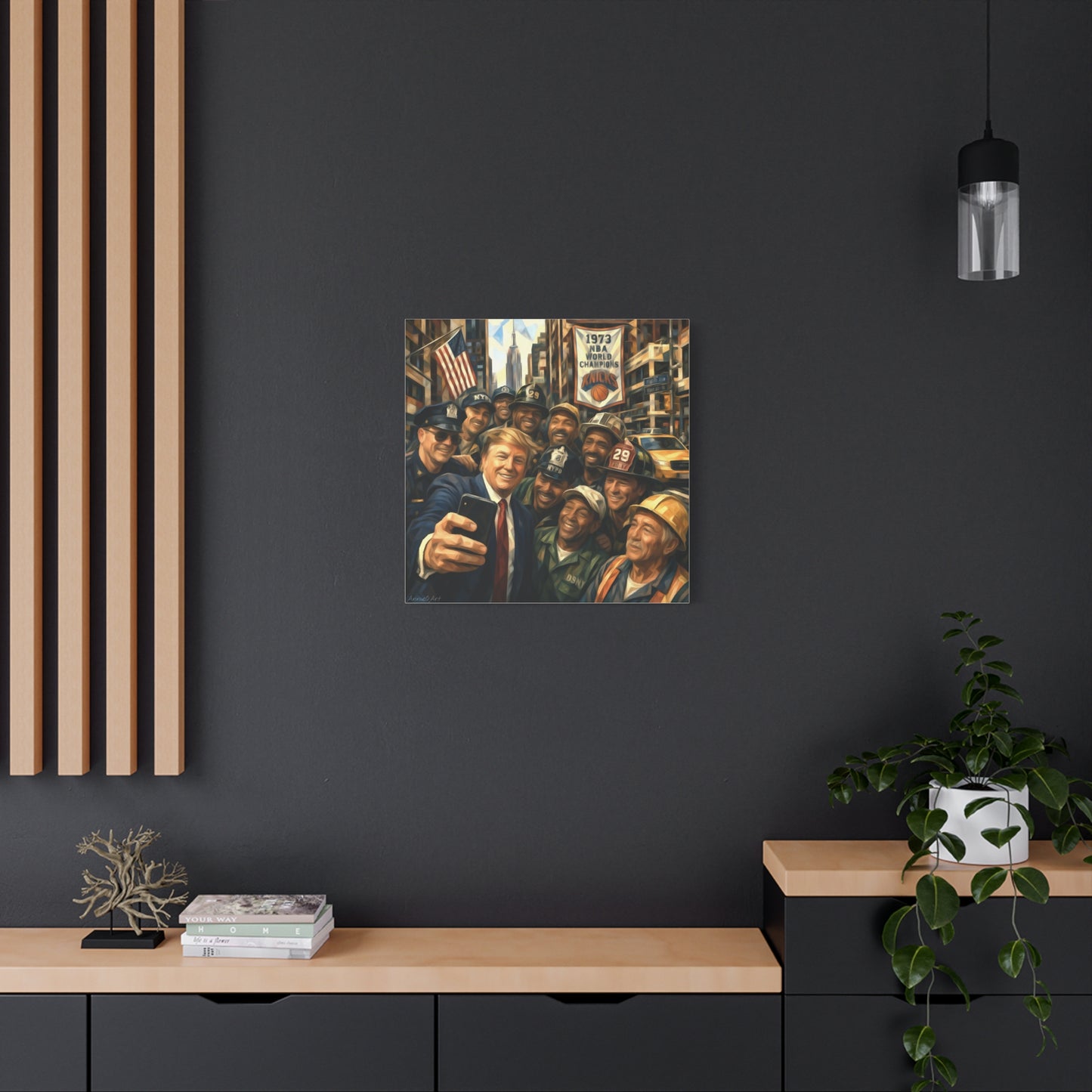 Trump Selfie w/City Workers Canvas Wall Art — Patriotic Urban Selfie Scene