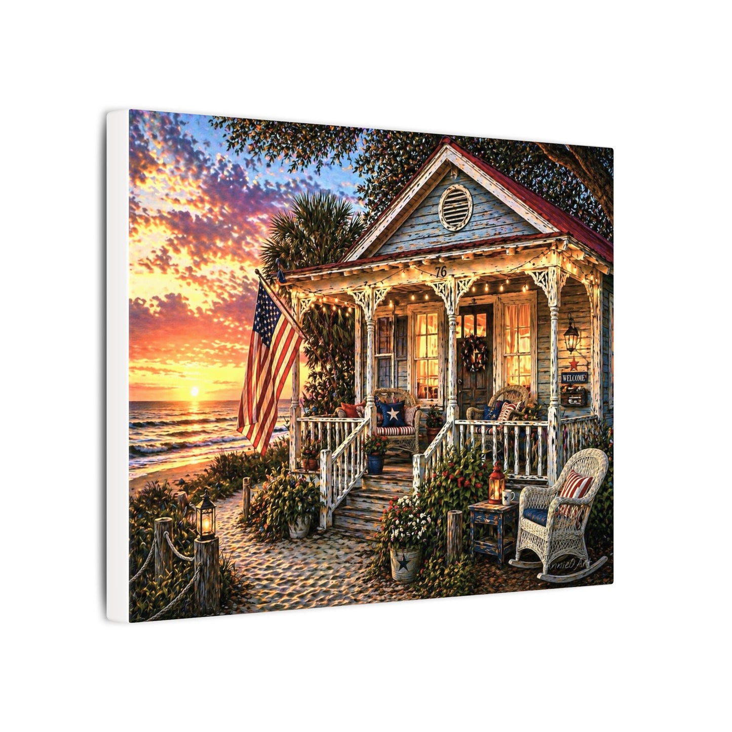 Front Porch America—Patriotic Beach Cottage Canvas Wall Art — Sunset Porch Scene