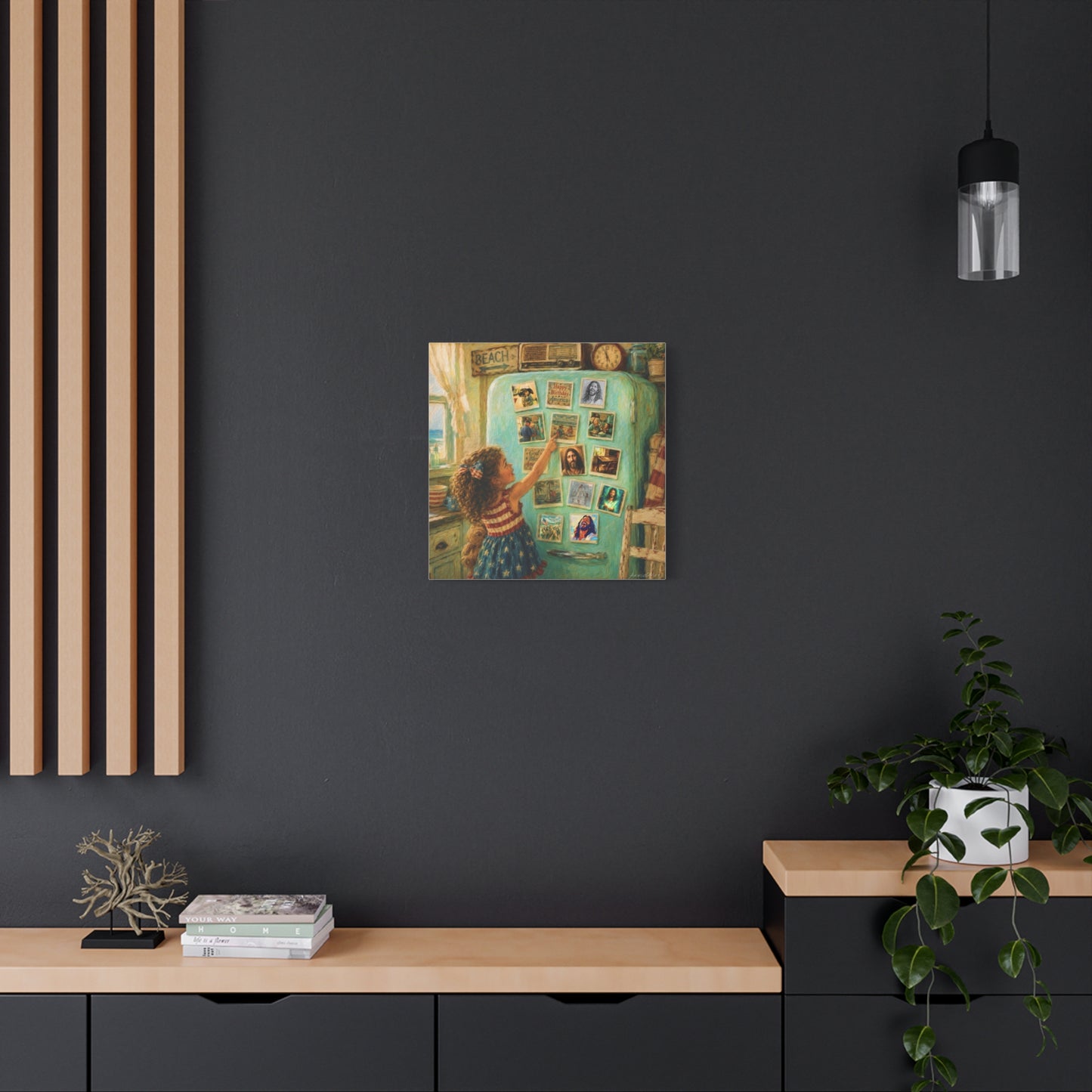 Americana Canvas Wall Art — Little Girl Pointing at Magnets on Vintage Fridge (Matte Stretched)