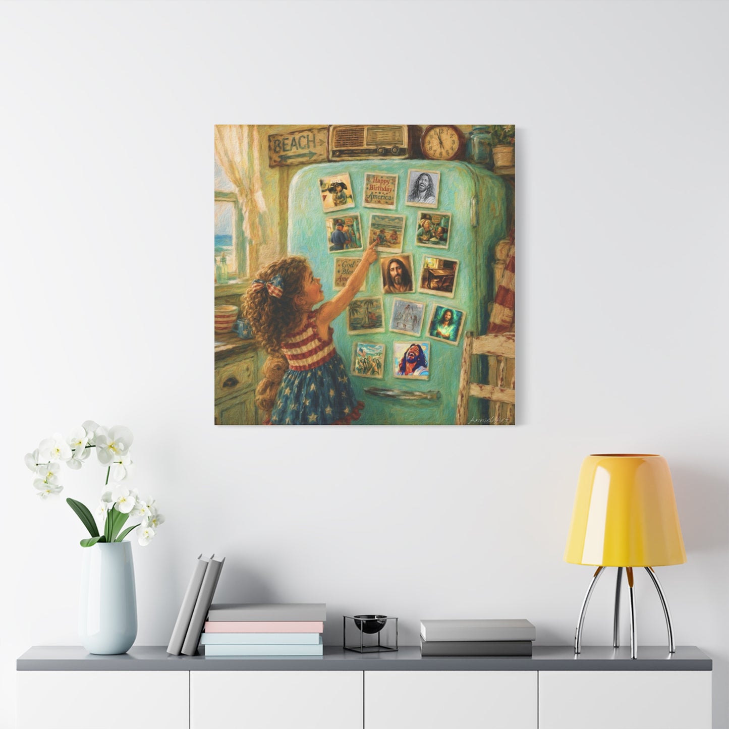 Americana Canvas Wall Art — Little Girl Pointing at Magnets on Vintage Fridge (Matte Stretched)
