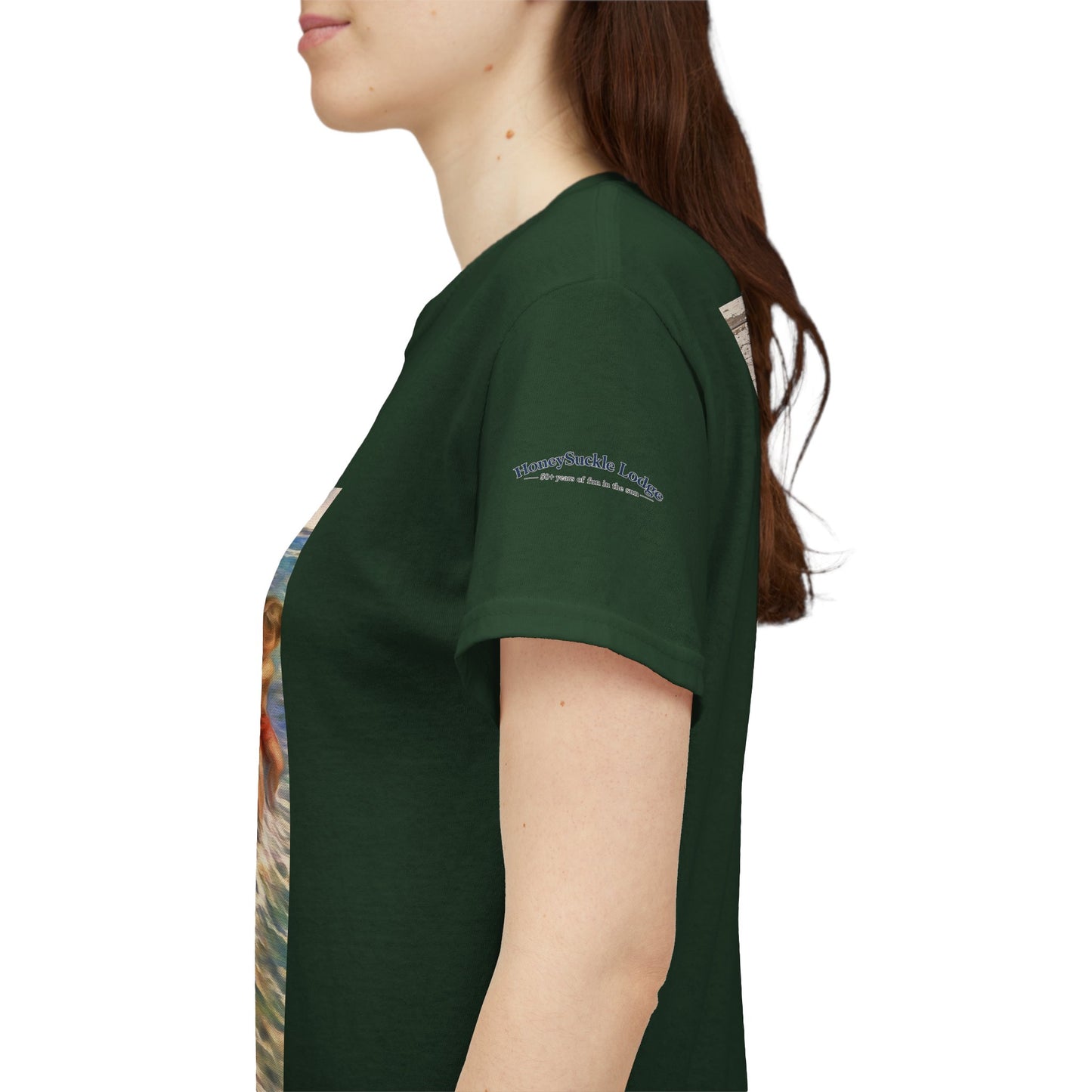 Honeysuckle Lodge Vintage Beach Print tee shirt front/back ("Honeysuckle Lodge - 50+ years of fun in the sun")