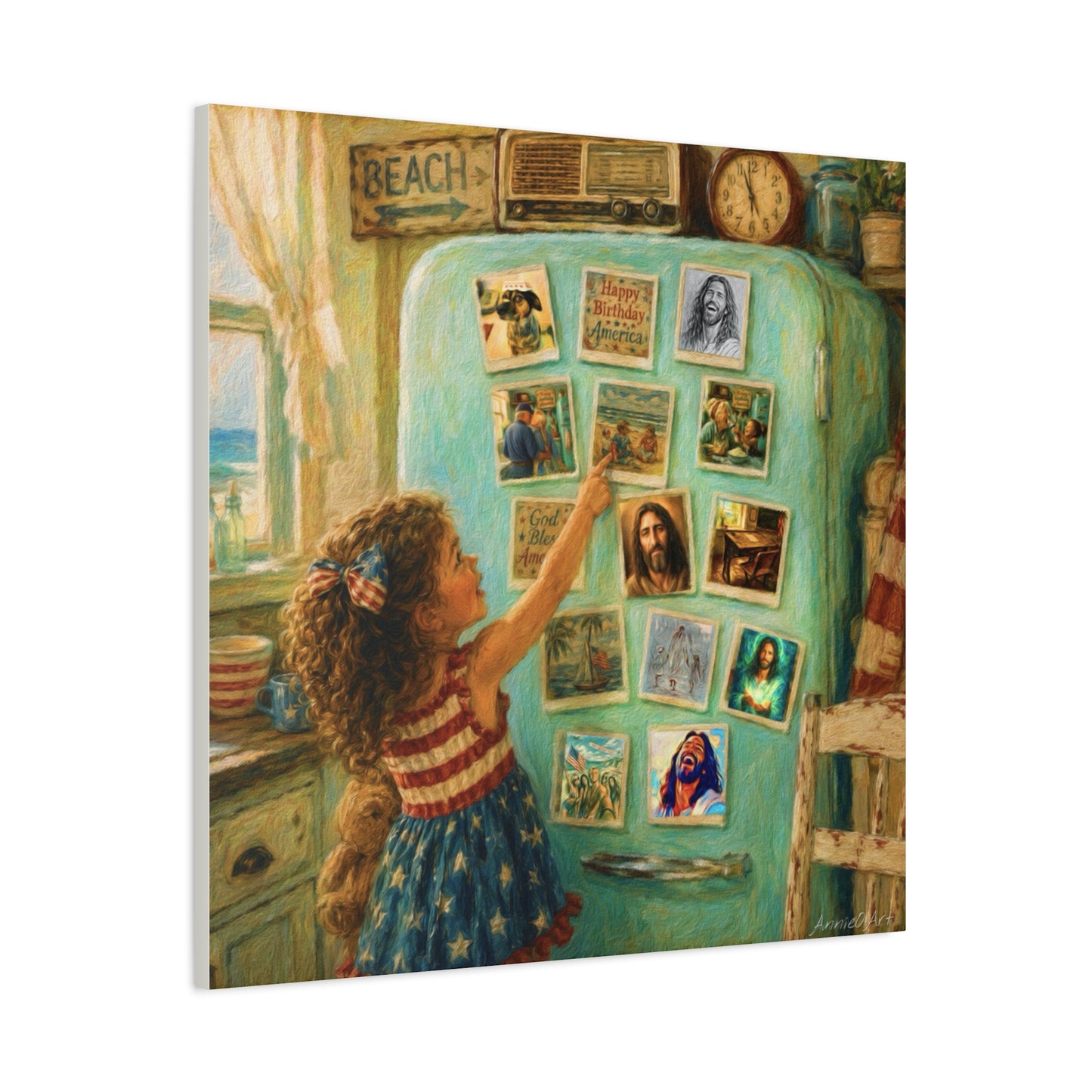 Americana Canvas Wall Art — Little Girl Pointing at Magnets on Vintage Fridge (Matte Stretched)