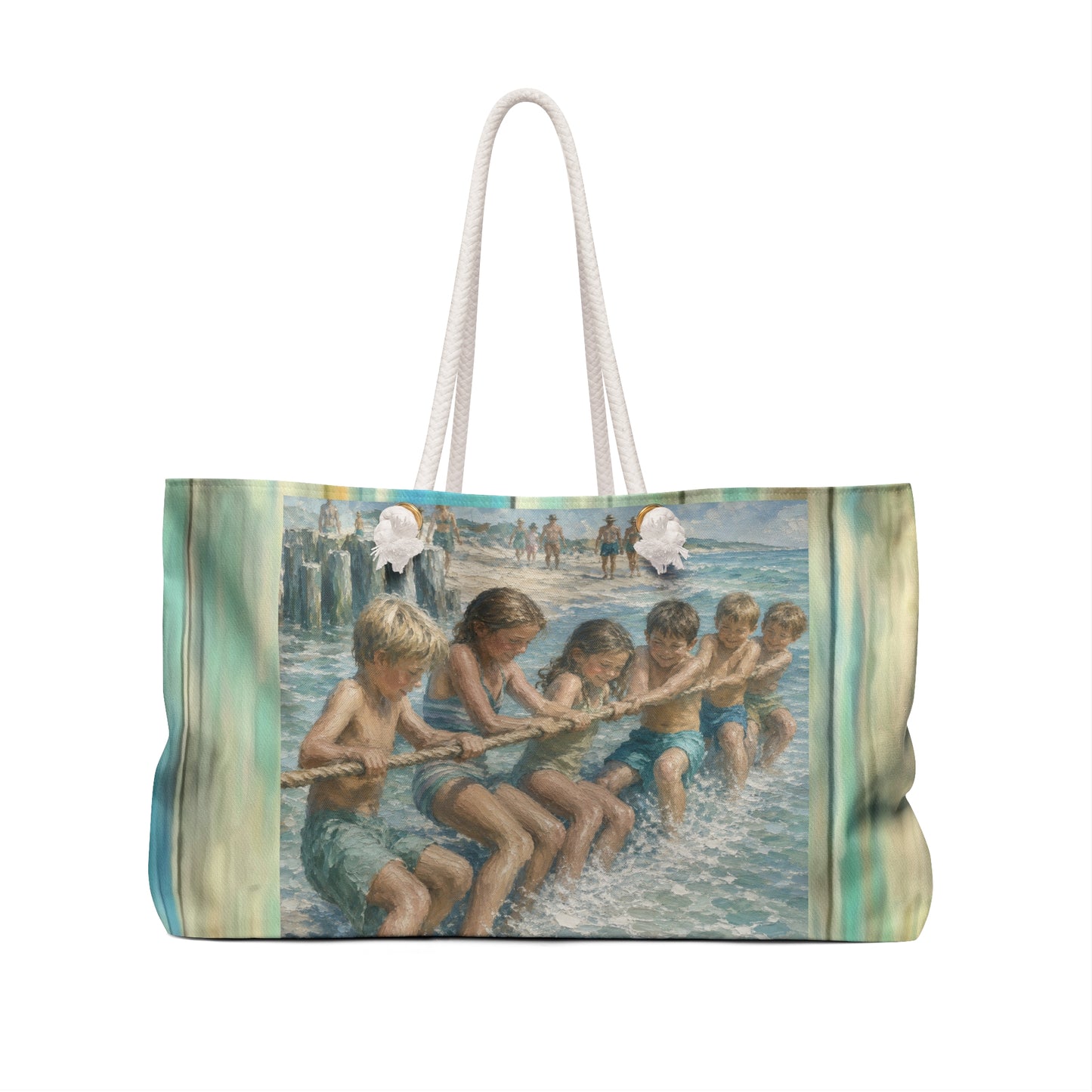Beach bag-Retro Beach Weekender Bag — Kids Beach Tug-of-War— Travel Tote