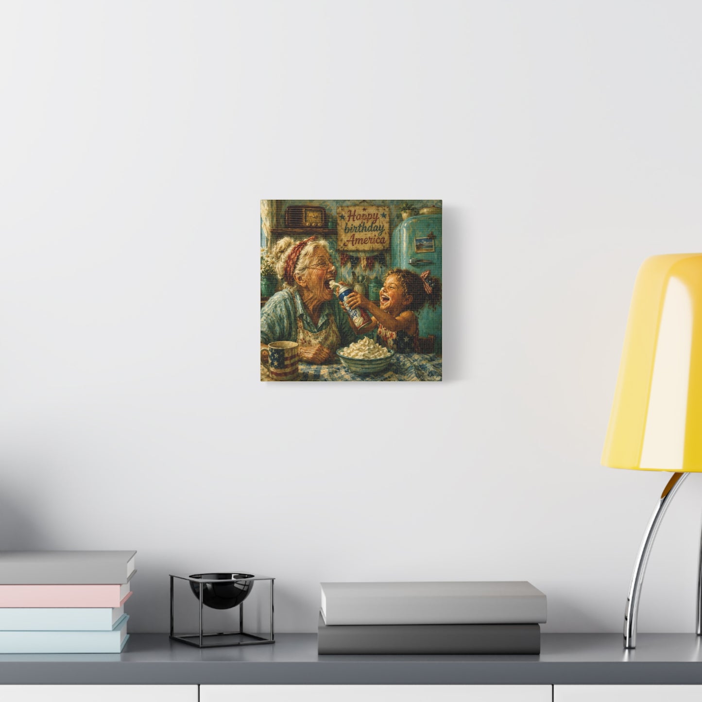 Happy Birthday America Canvas — Patriotic Grandma & Granddaughter Kitchen Wall Art