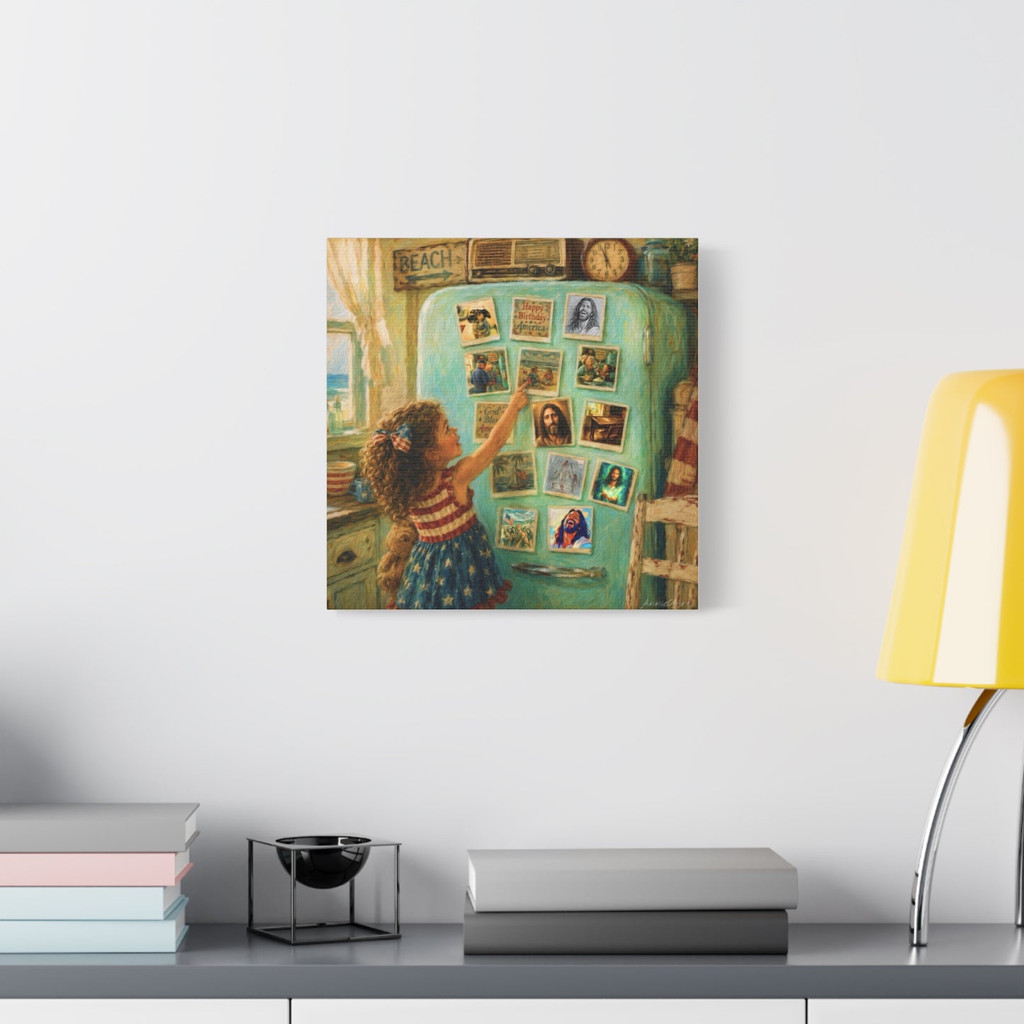 Americana Canvas Wall Art — Little Girl Pointing at Magnets on Vintage Fridge (Matte Stretched)