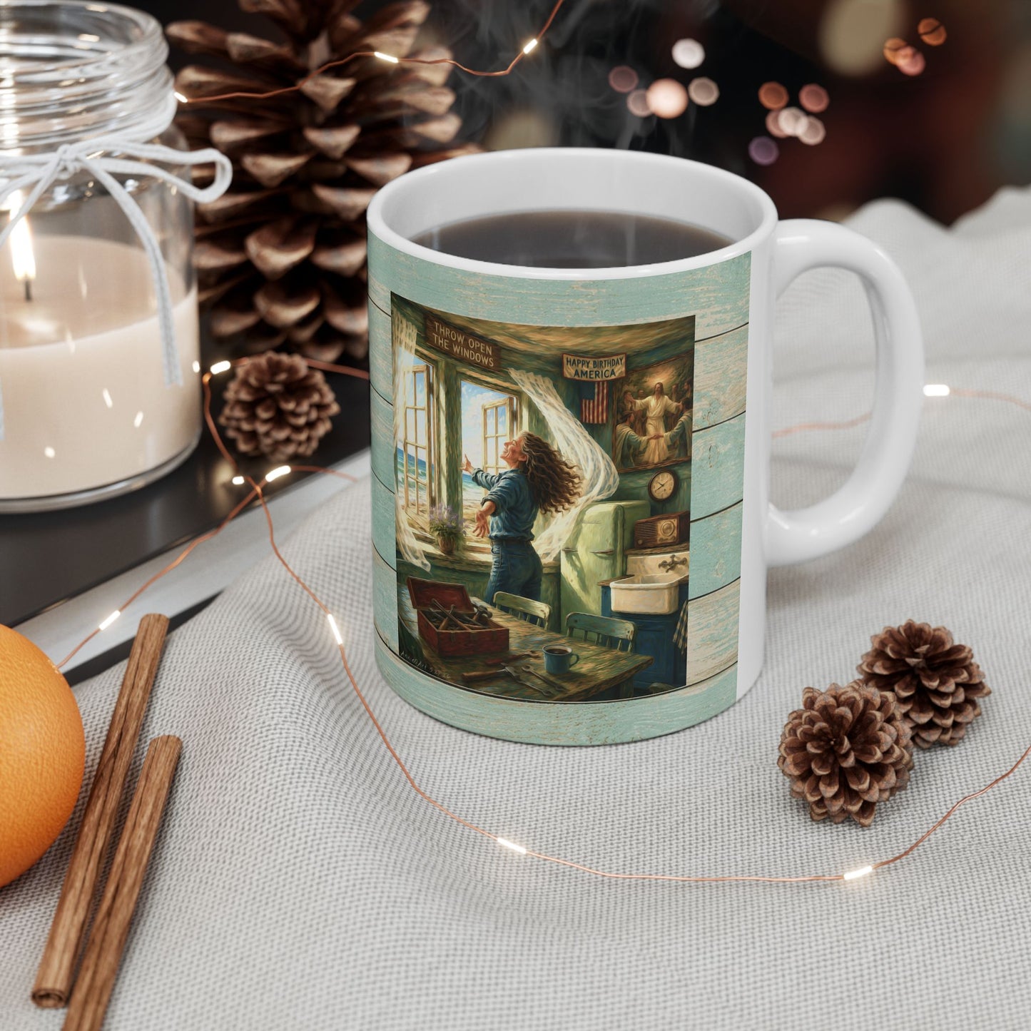 Coastal Vintage Beach Cottage Ceramic Mug — Seaside Window & Shells Design (11oz/15oz)