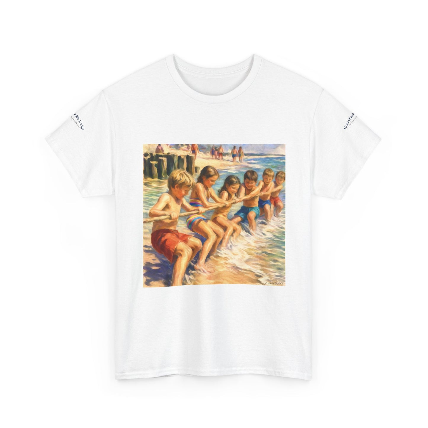 Honeysuckle Lodge Vintage Beach Print tee shirt front/back ("Honeysuckle Lodge - 50+ years of fun in the sun")