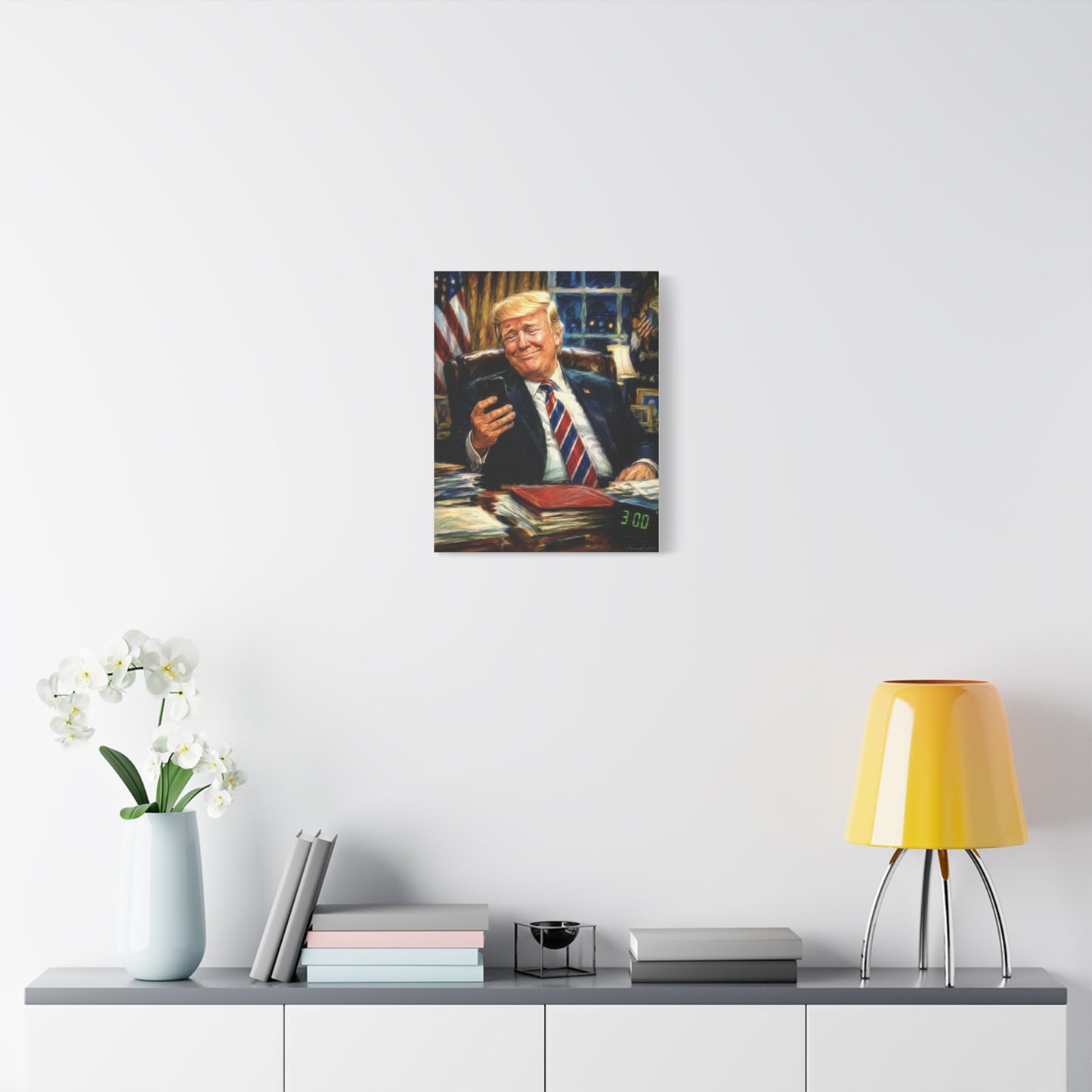 Trump Reading “Keyboard Warrior’ Memes at 3 AM— Patriotic Office Portrait Canvas—