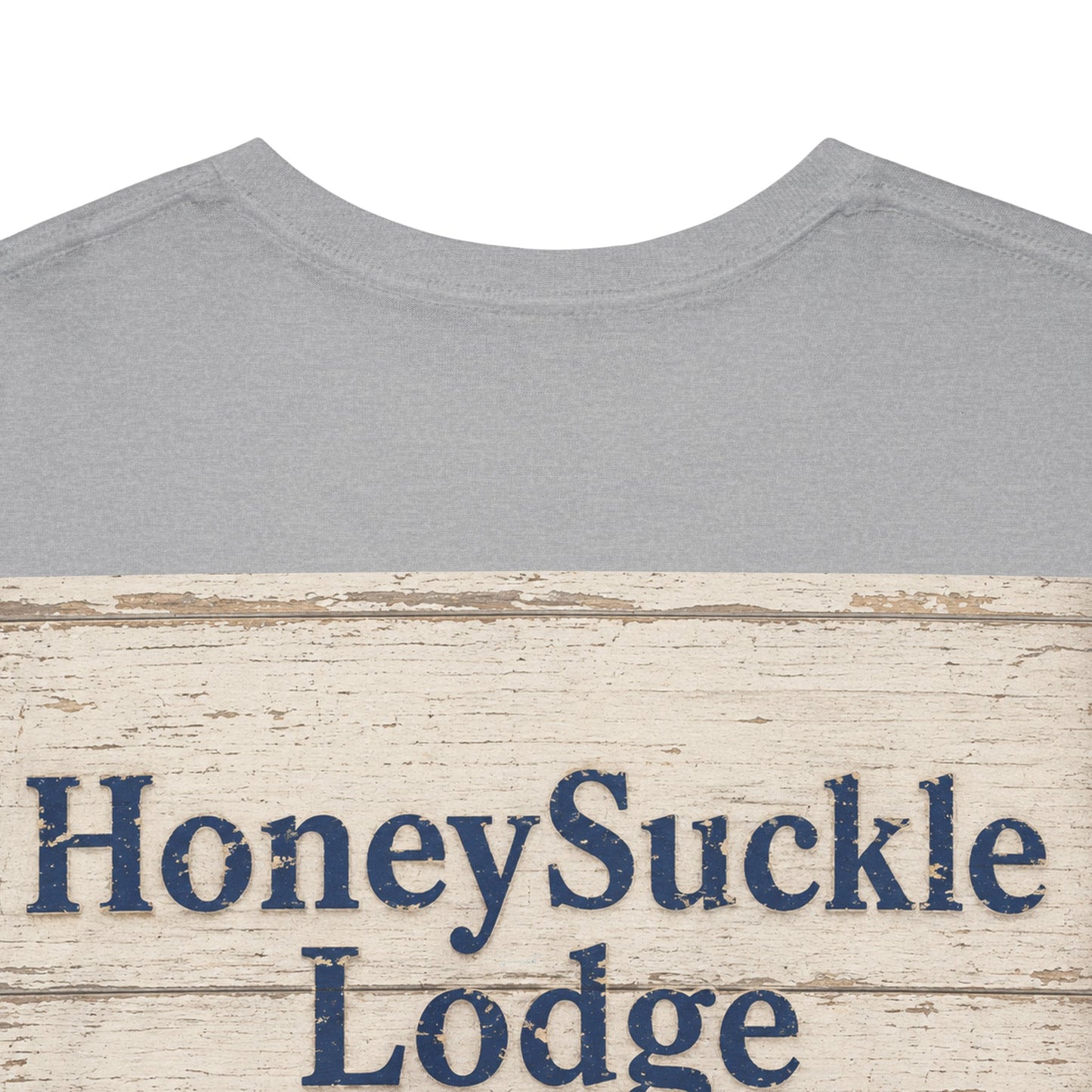 Honeysuckle Lodge Vintage Beach Print tee shirt front/back ("Honeysuckle Lodge - 50+ years of fun in the sun")