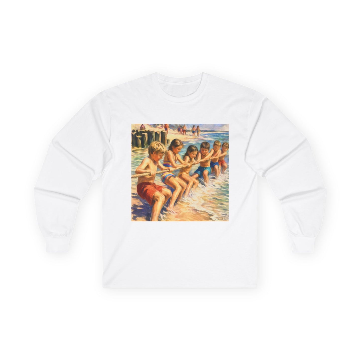 Long Sleeve Tee Front & Back Design — Vintage Americana Beach Scene & “Happy Birthday America”