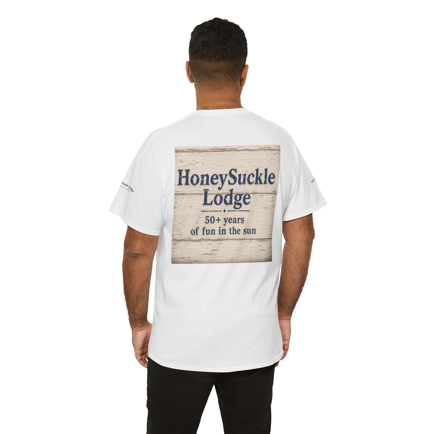 Honeysuckle Lodge Vintage Beach Print tee shirt front/back ("Honeysuckle Lodge - 50+ years of fun in the sun")