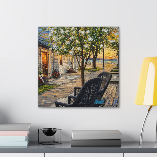 Bungalow Porch Canvas Wall Art — Sunny Cottage Sunset Stretched Canvas