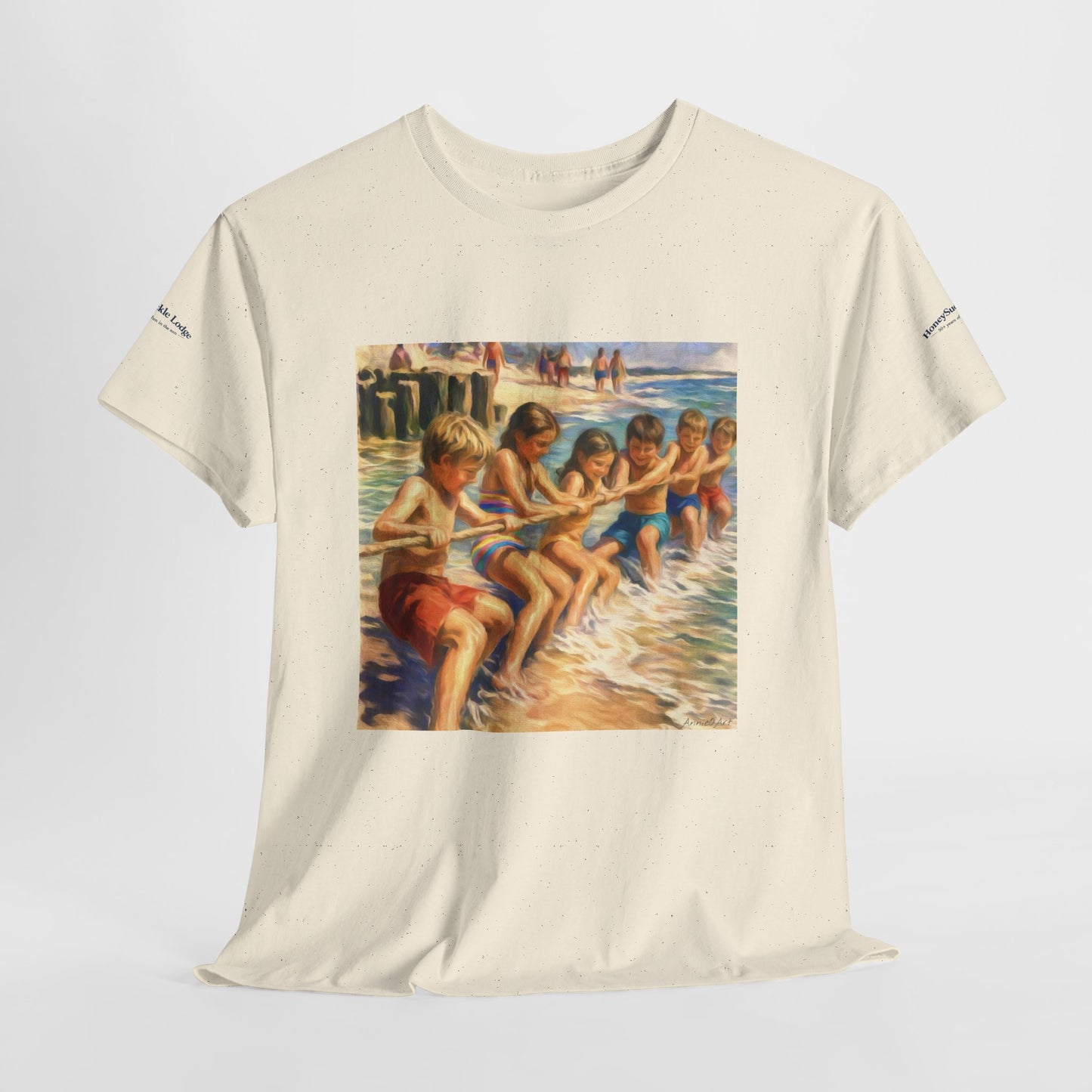 Honeysuckle Lodge Vintage Beach Print tee shirt front/back ("Honeysuckle Lodge - 50+ years of fun in the sun")