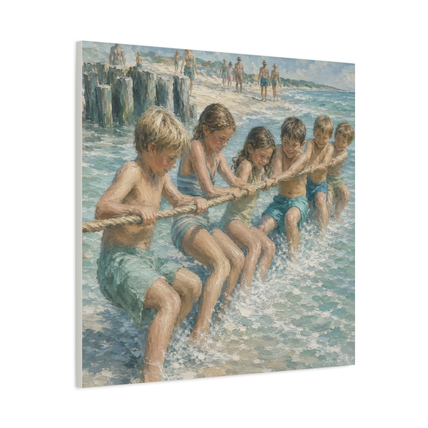 Beach Tug-of-War Matte Canvas Print — Vintage Seaside Children Wall Art