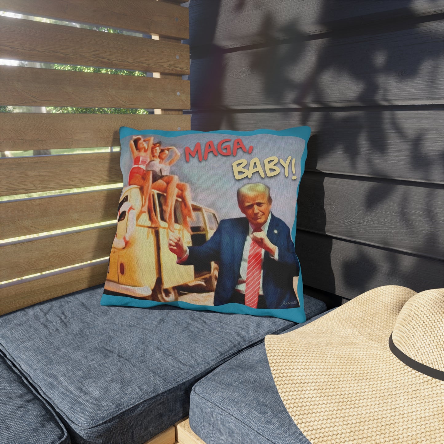 Political Graphic Outdoor Pillow — "MAGA, Baby!" Retro Beach Design