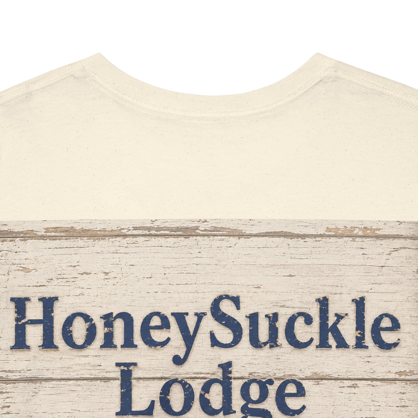 Honeysuckle Lodge Vintage Beach Print tee shirt front/back ("Honeysuckle Lodge - 50+ years of fun in the sun")