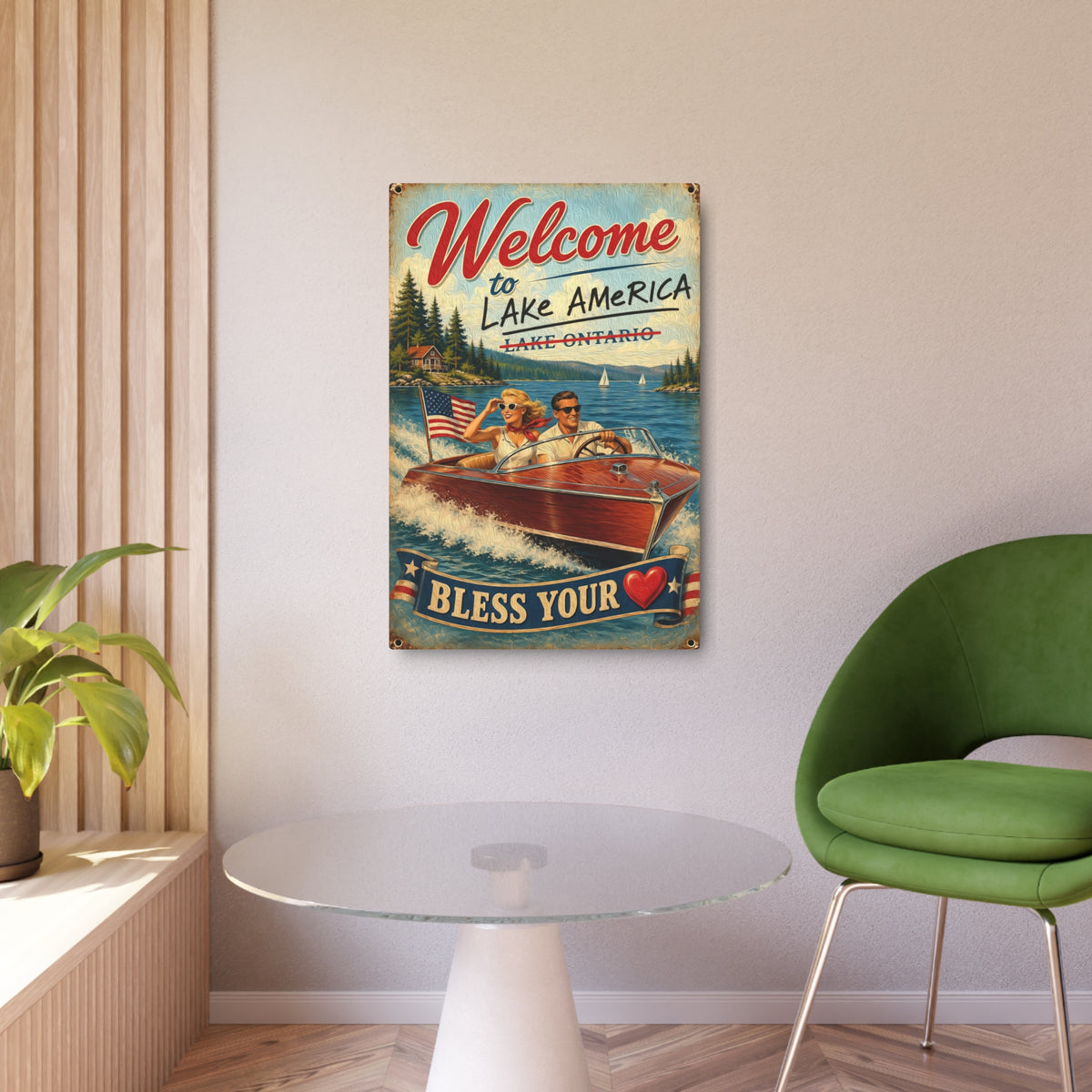 Welcome to Lake America Metal Sign – Vintage Boat Lake House Wall Art