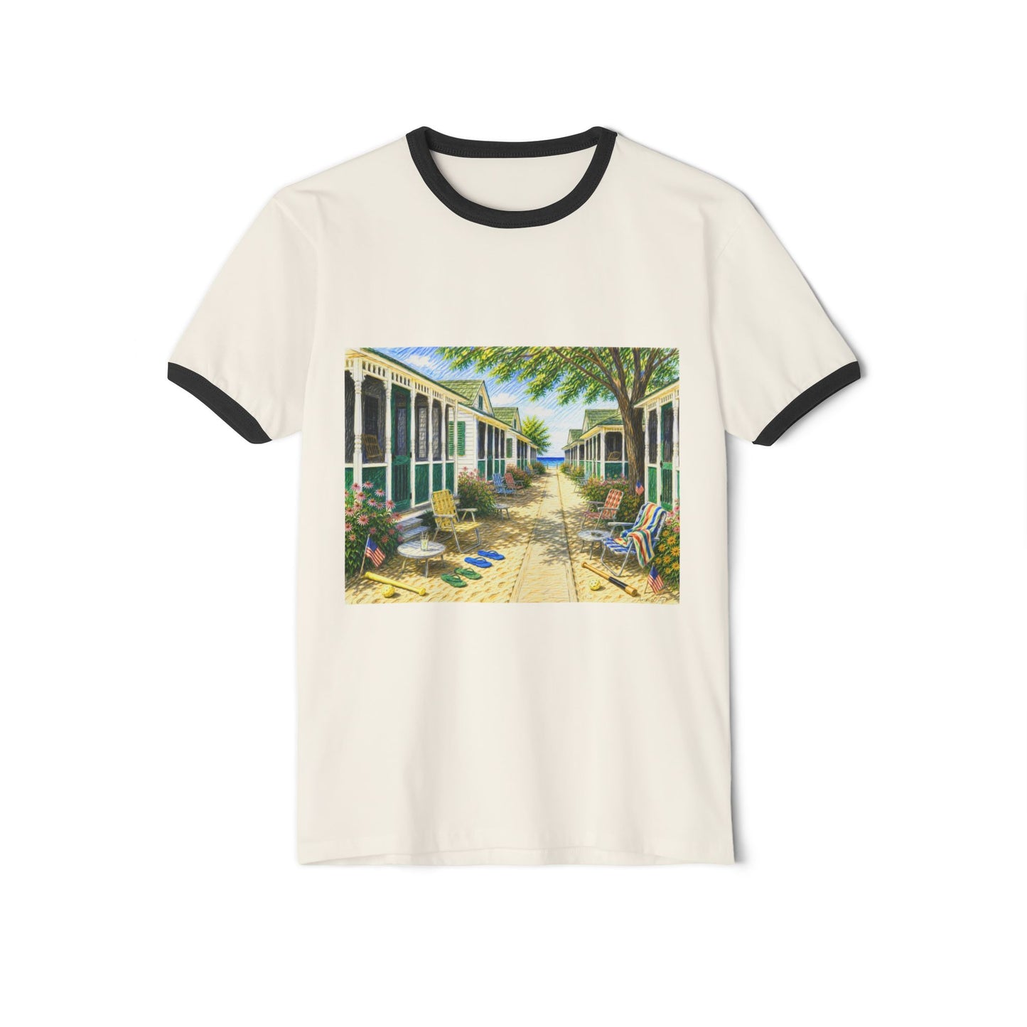 Old 1970’s Style Ringer T-Shirt — Vintage Beach Bungalow Front & Back Design-“Happy Birthday America” Wood Sign
