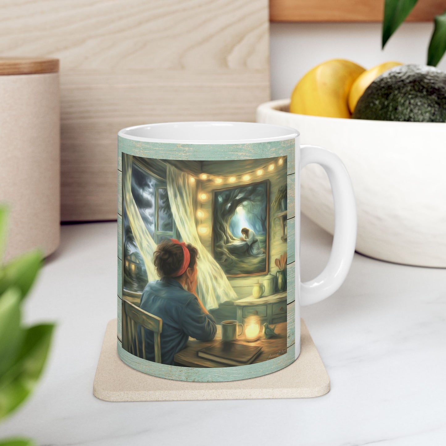 Meditating with Jesus Ceramic Mug — Cottage Nighttime Coffee Cup (11oz)