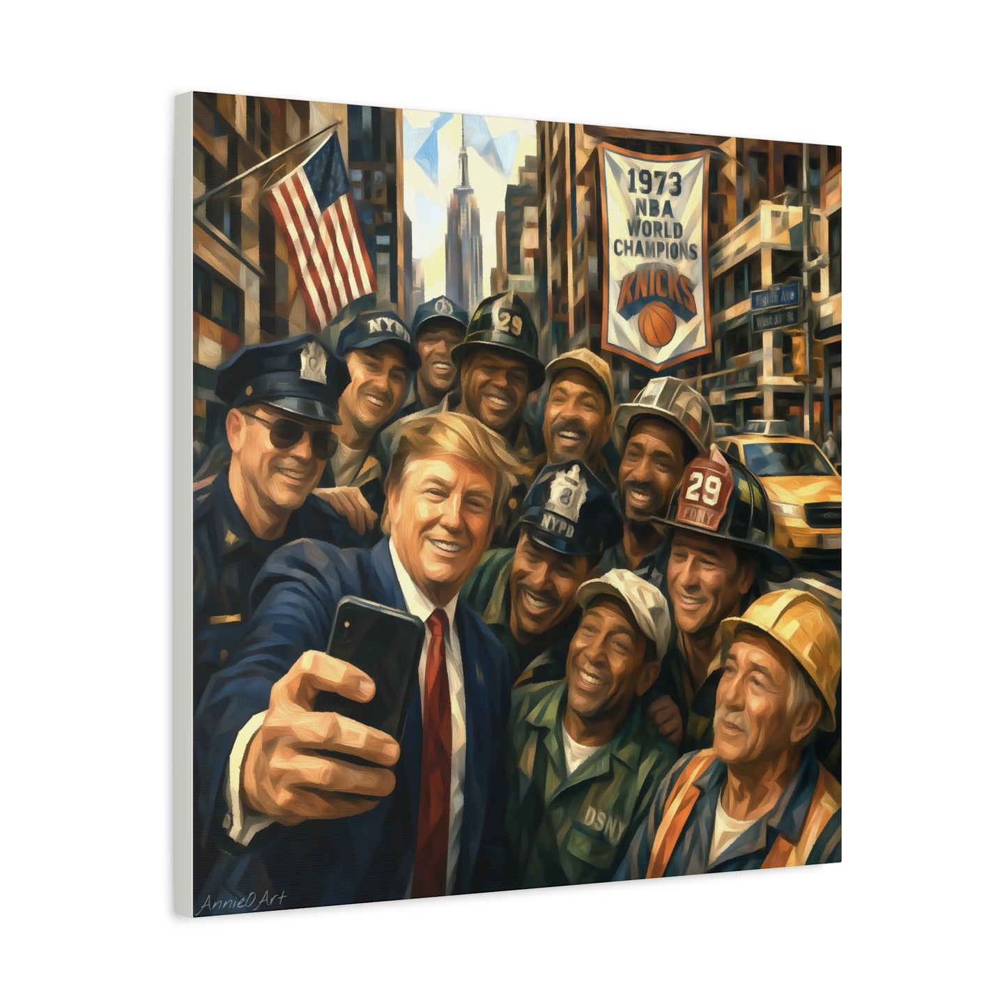 Trump Selfie w/City Workers Canvas Wall Art — Patriotic Urban Selfie Scene