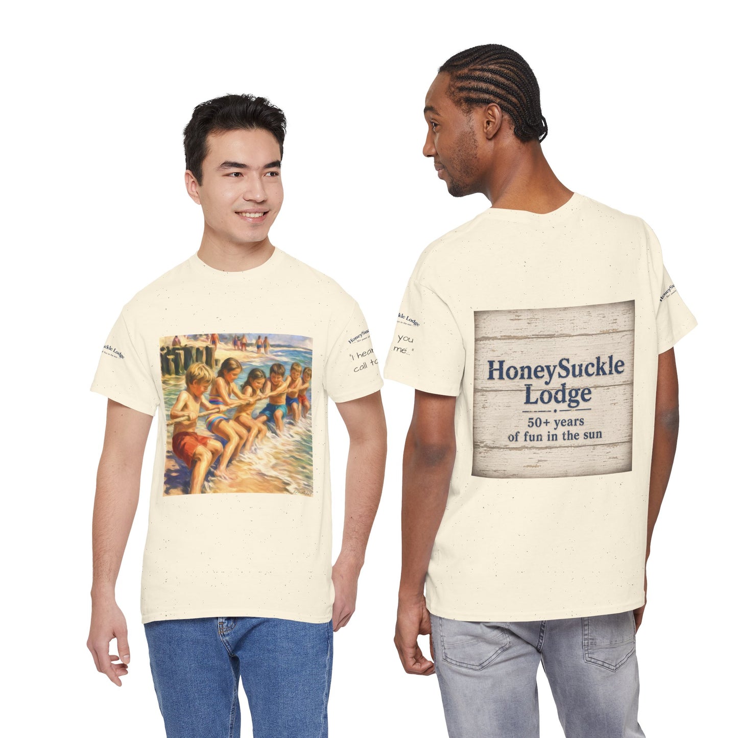 HoneySuckle Lodge Vintage Beach T-Shirt — "50+ years of fun in the sun" Retro Kids on Shore Design