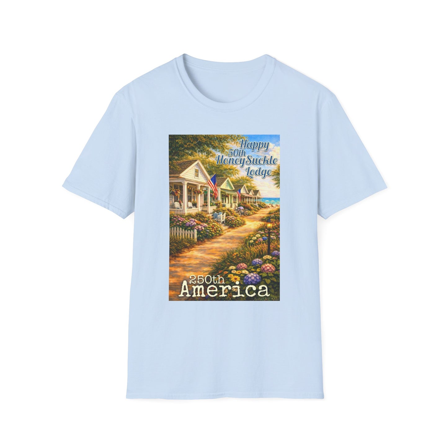 HoneySuckle Lodge 50th—America 250th Bungalow Path T-Shirt —Front & Back Design- Happy 250th Anniversary USA Patriotic Tee