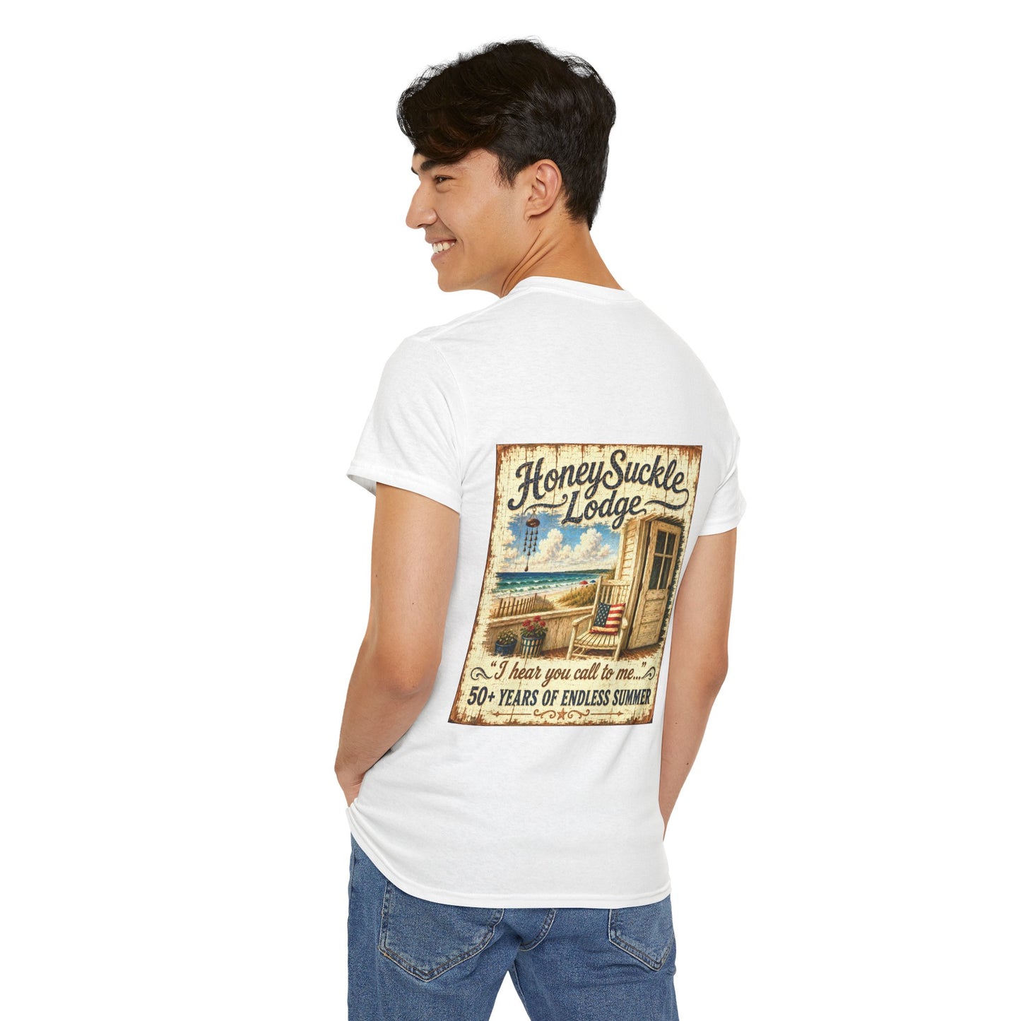 Vintage Beach T‑Shirt — 'Honeysuckle Lodge: 50+ Years of Endless Summer' Retro Seaside Tee
