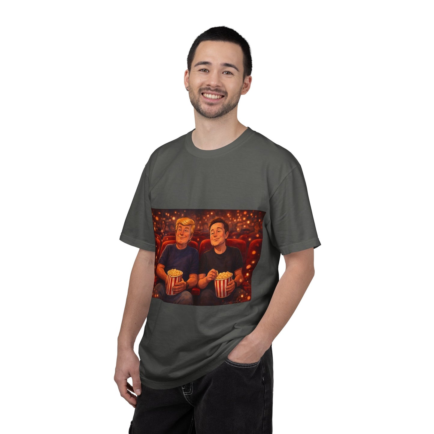 Trump & Elon—Movie Night Popcorn Tee — Cozy Cinematic Graphic T-Shirt