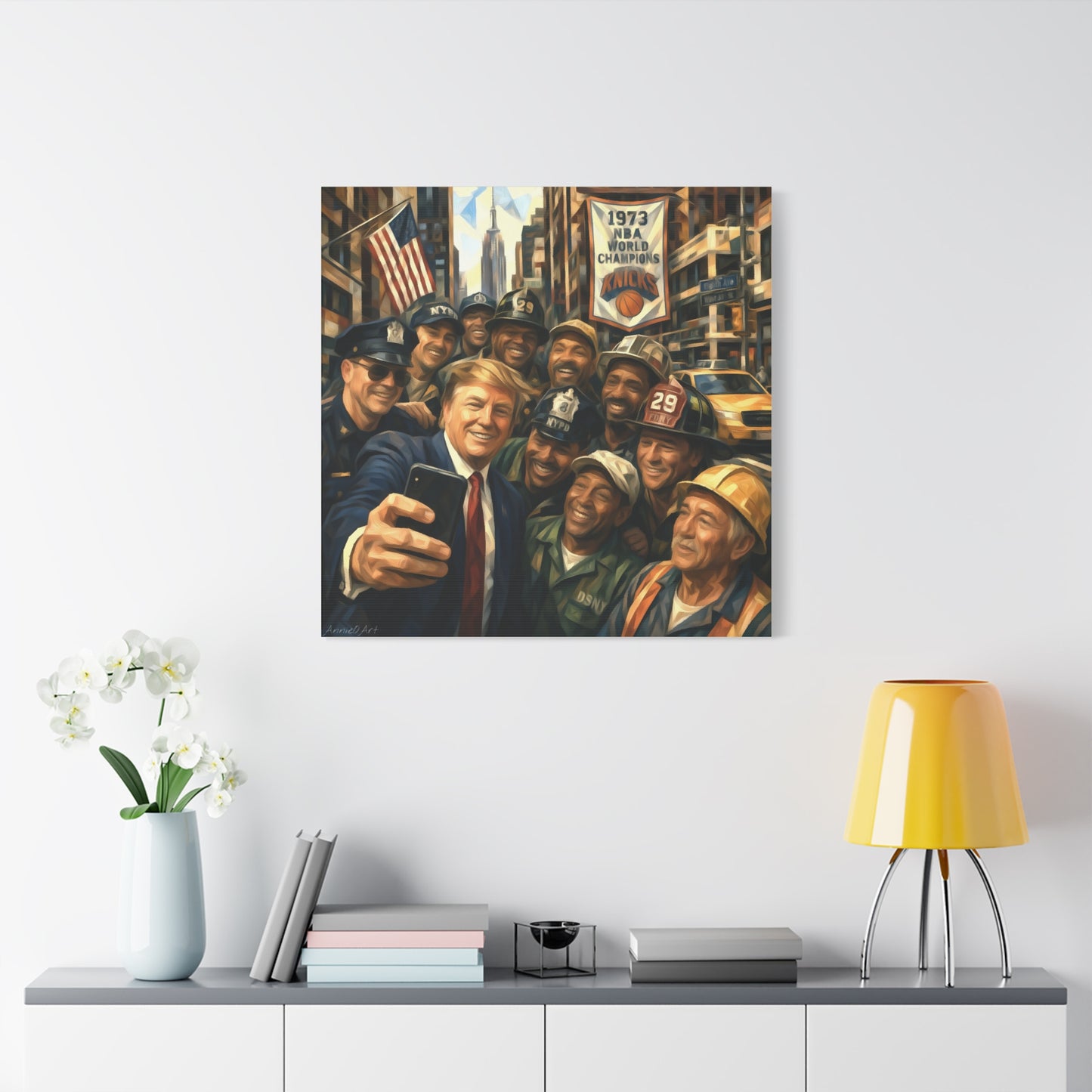 Trump Selfie w/City Workers Canvas Wall Art — Patriotic Urban Selfie Scene