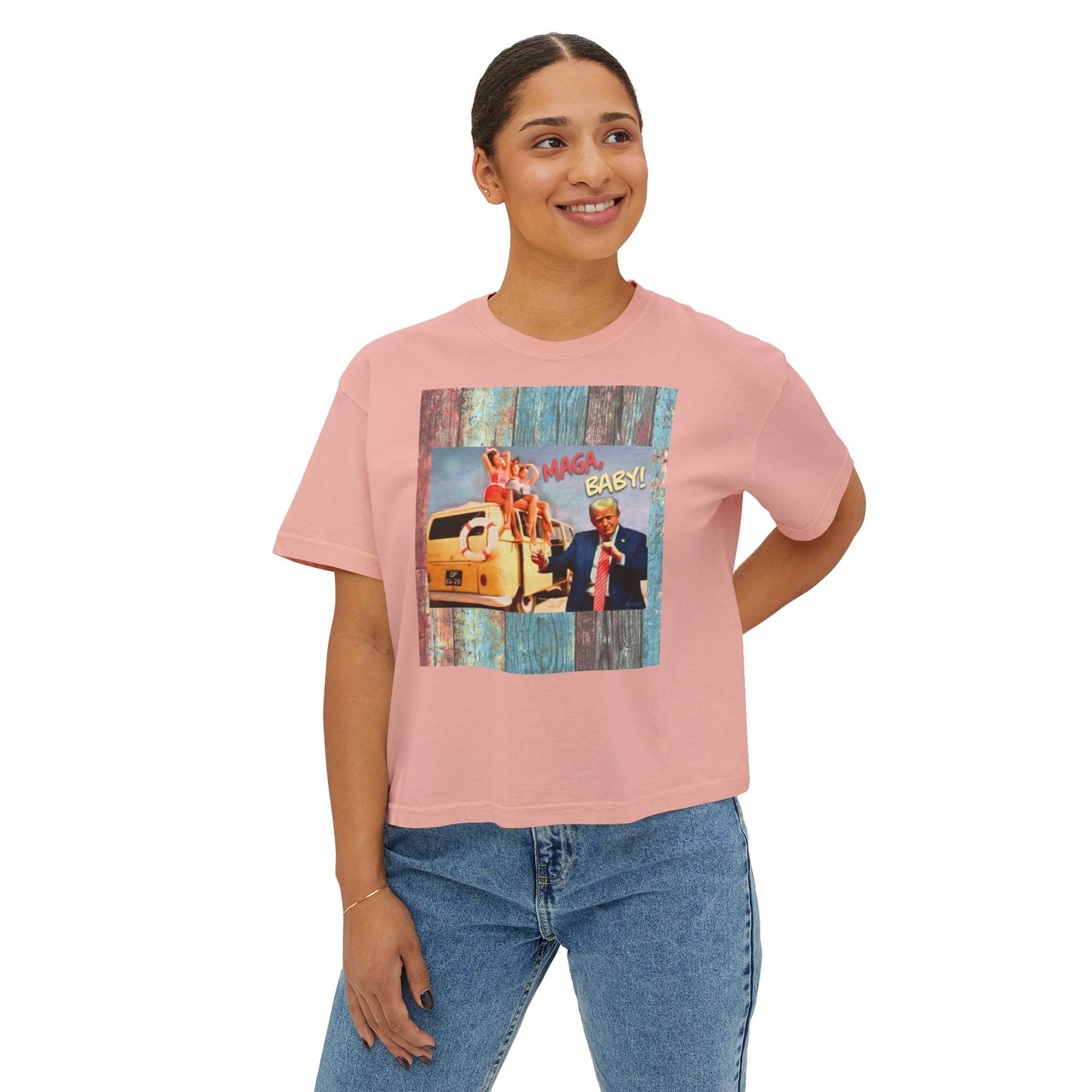 Beach scene w DJT dancing Retro VW van “MAGA, baby!” —Graphic Boxy Tee — Vintage Roadtrip/Rally tee Women's Shirt