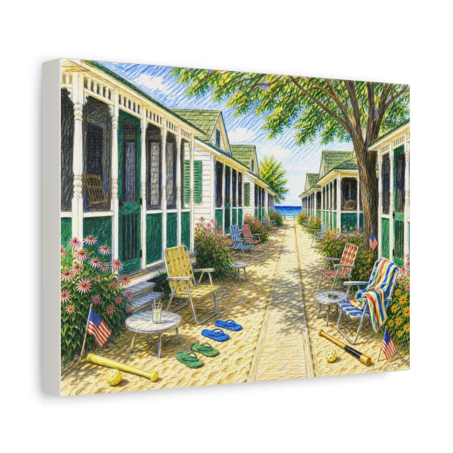 Beach Bungalow Path Americana Matte Canvas Wall Art — 1970’s Summer Seaside Bungalow Print