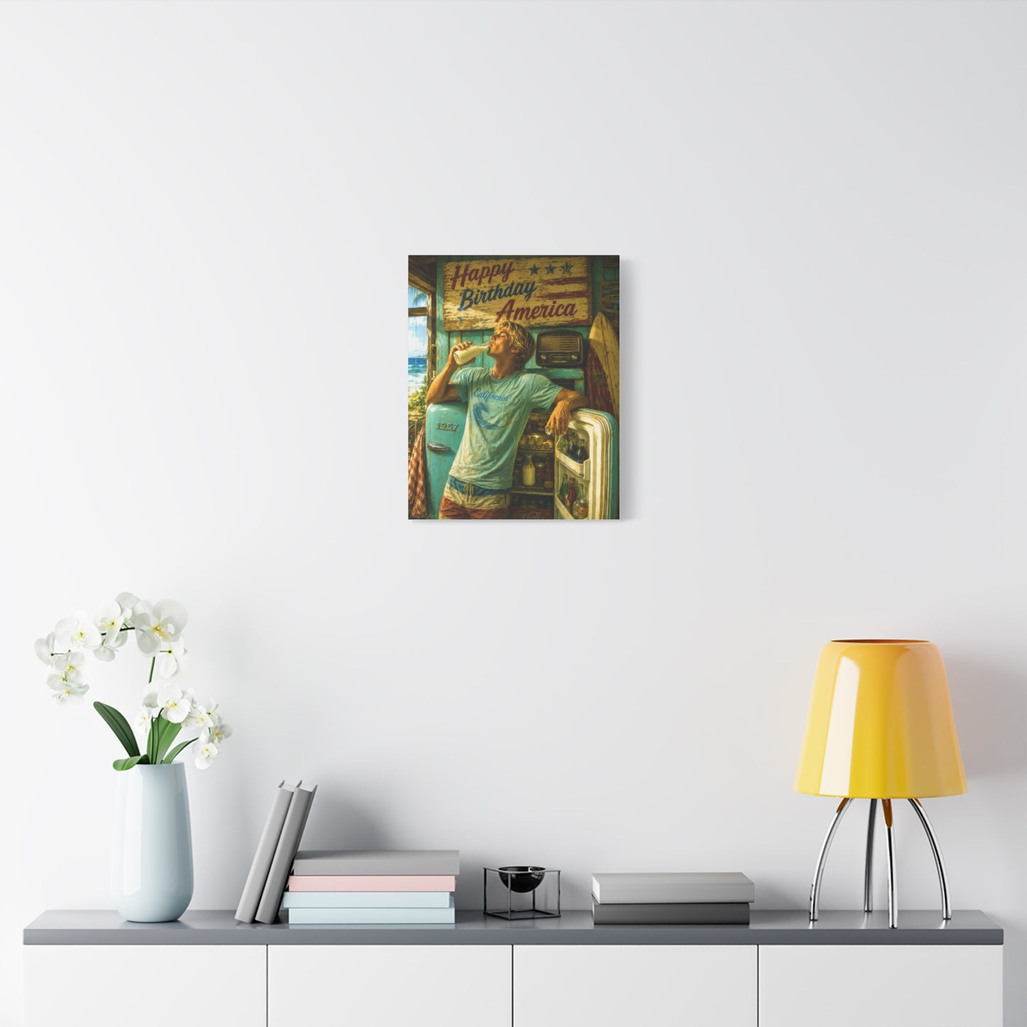 Happy Birthday America Canvas Wall Art — Retro Beach Guy Patriotic Home Decor